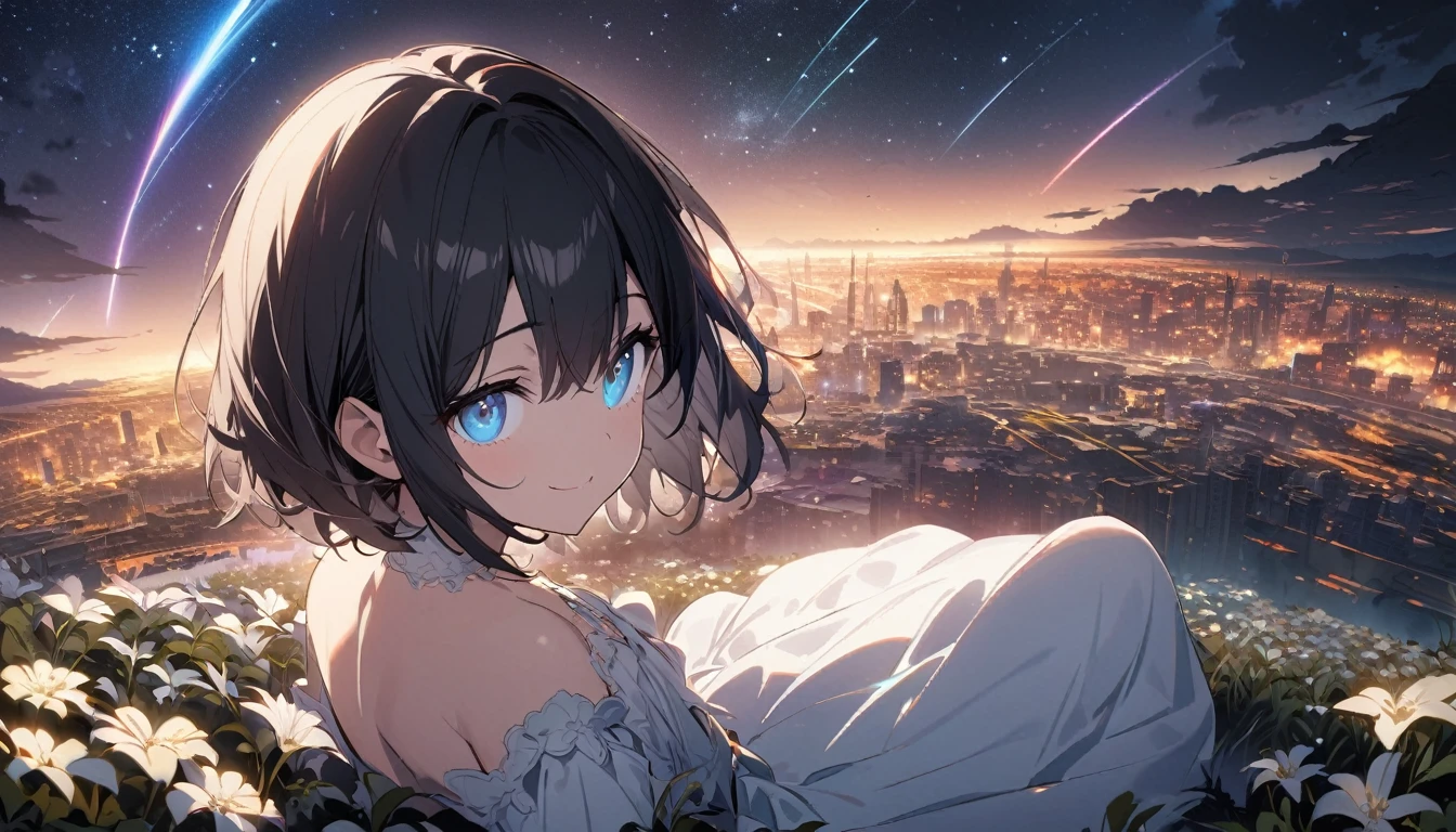1 girl, solo, blue eyes, (detailed eyes), gentle smile, flat chest, short hair, black hair, full body, ((masterpiece, illustration, best quality))She sits in a field full of flowers on the plateau and look up at the night sky,、The source of light is a star in the night sky、She is seen turning her face to him、Make a mostly picture of the night sky from a short distance behind the two of them and a dystopic, post-apocalyptic city、A shooting star has now flowed into the night sky、The area is dark、In the darknesaster part, neon elements, wearing a white dress