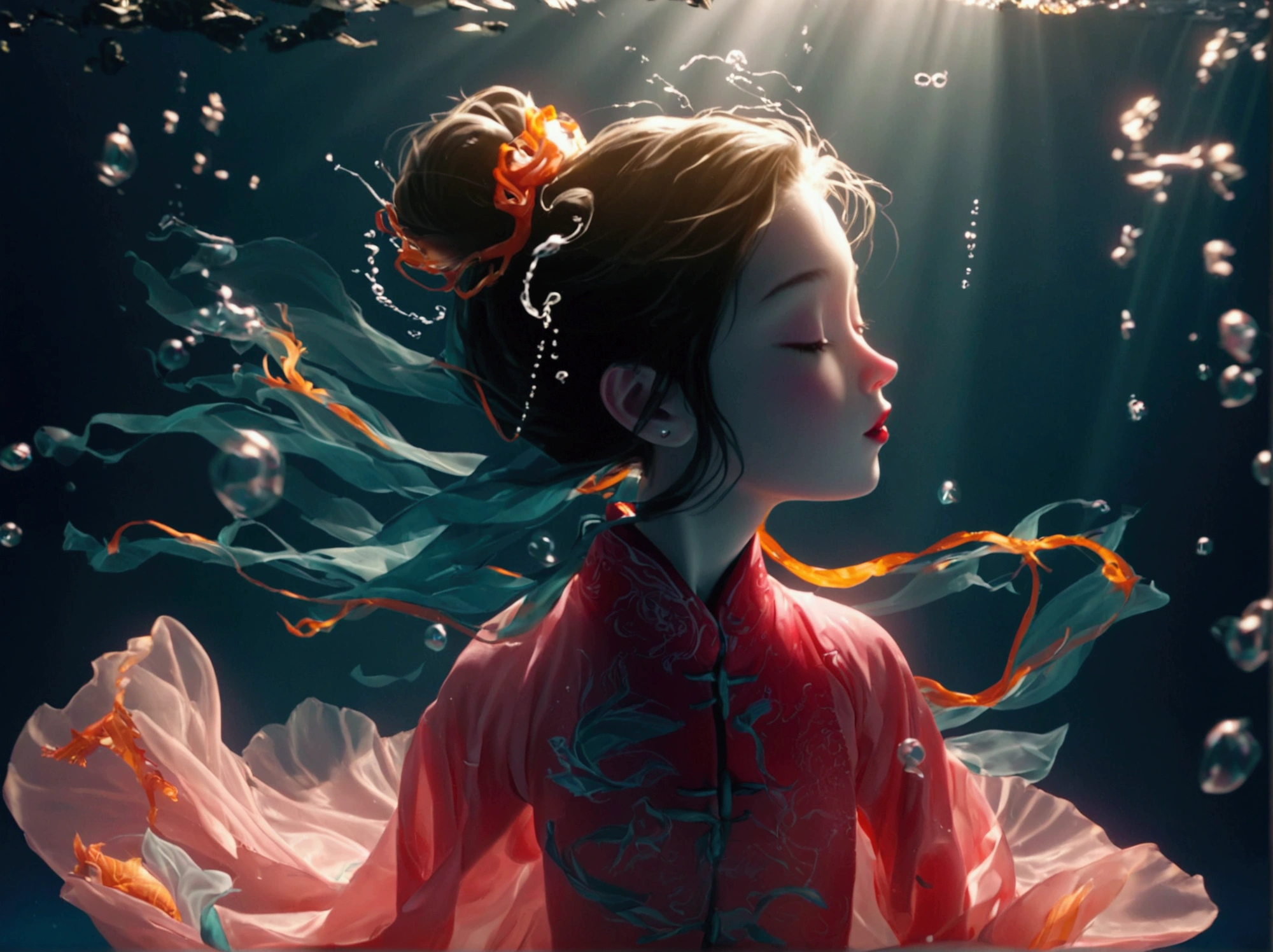 1. Little Girl, Solitary, Under the Deep Sea, walking underwater；Wearing pink Chinese clothing，Fairy the same，underwater dance；dancer；Golden water，金色的bubble； Deep Shadows, Extraordinary details, bubble, spark, Sun streaks, seabed, bright, whole body, swirl, Golden Light, Embed:Average runoff, masterpiece, high quality, 4K，More white space。