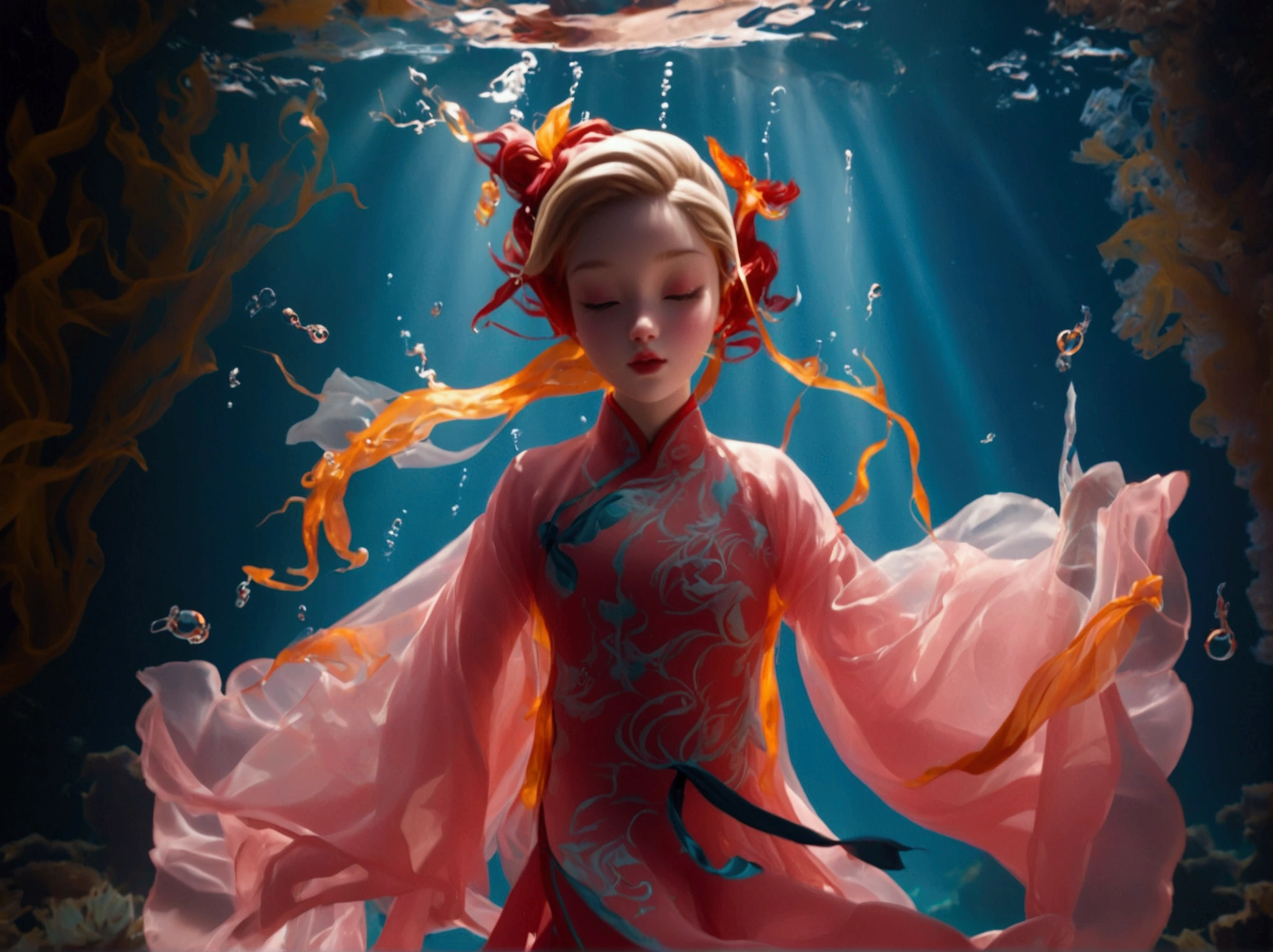 1. Little Girl, Solitary, Under the Deep Sea, walking underwater；Wearing pink Chinese clothing，Fairy the same，underwater dance；dancer；Golden water，金色的bubble； Deep Shadows, Extraordinary details, bubble, spark, Sun streaks, seabed, bright, whole body, swirl, Golden Light, Embed:Average runoff, masterpiece, high quality, 4K，More white space。