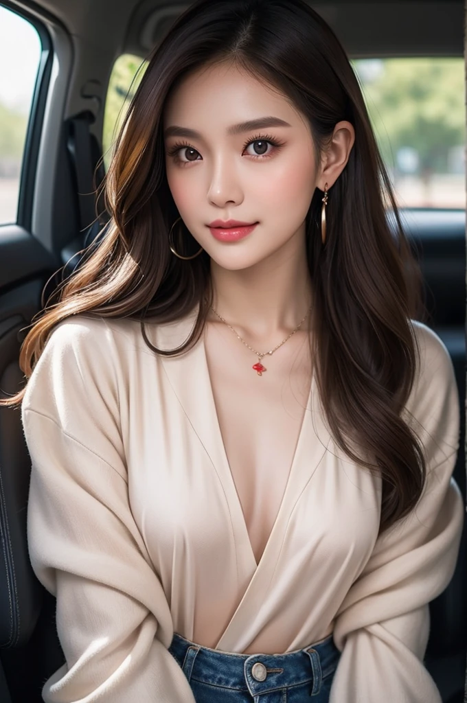 Masterpiece, best quality, 8K, photorealistic, anatomically correct, depth of field, Selfie, A 21 year old Thai woman was sitting alone in the car., My hair is long and wavy., light brown hair, sparkling eyes, Long-eyed legs, plump lips, dimple, upturned nose, Protruding chin, tan skin, small hoop earrings, necklace, bangle, The figure is very thin., Dark eyebrows, Blush red cheeks, Eyes on the camera, smile a little, Long sleeve silk clothes, small breasts, Jeans