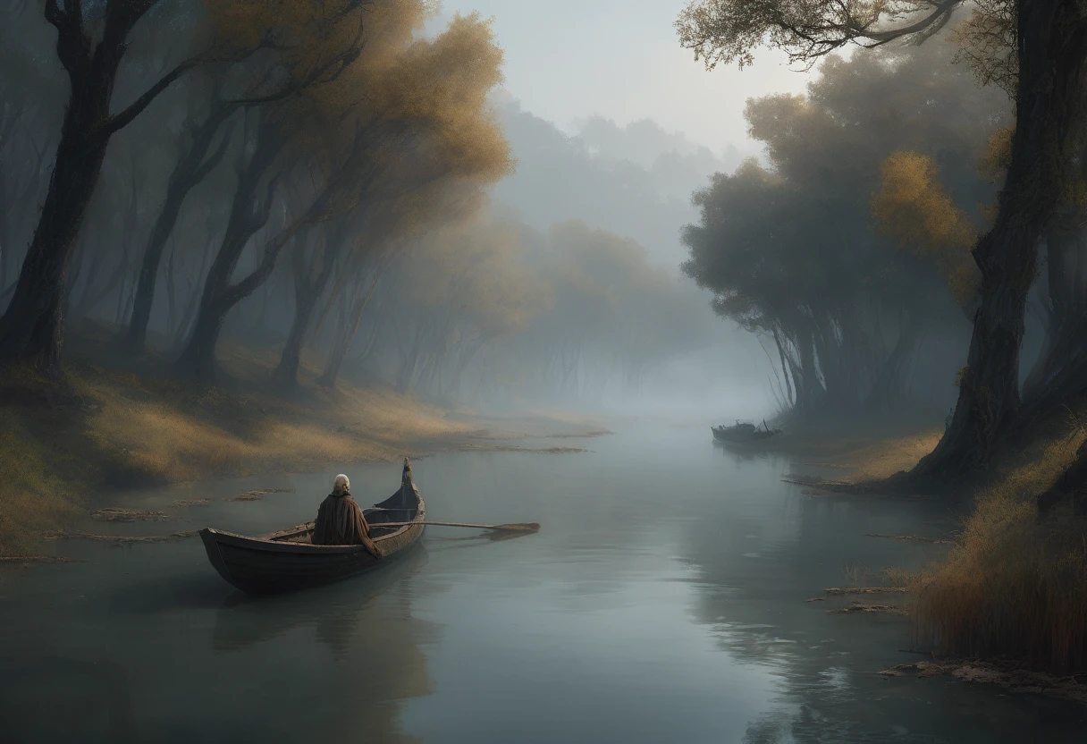 (((super realistic, lots of details, masterpiece))), In the image, created in a neural network, (((Charon, old withered boatman with a long beard, standing in his boat, which seems ancient and worn. His eyes express wisdom and sadness, and your hands confidently hold the oars))). A man with an exposed hummock is sitting in a boat, Shrouded in mystery. The environment depicts the dark and mysterious world of the kingdom of the dead. River, on which the boat floats, flows slowly and silently, as if driven by fate itself. A foggy morning creates an atmosphere of mystery and sadness. The shore is visible in the distance, covered with gloomy trees and rocks, symbolizing the gates of the kingdom of the dead. The river water reflects the pale luminary, giving the picture a certain supernatural tone. Silence and tranquility reign in this world, filled with secrets and riddles.