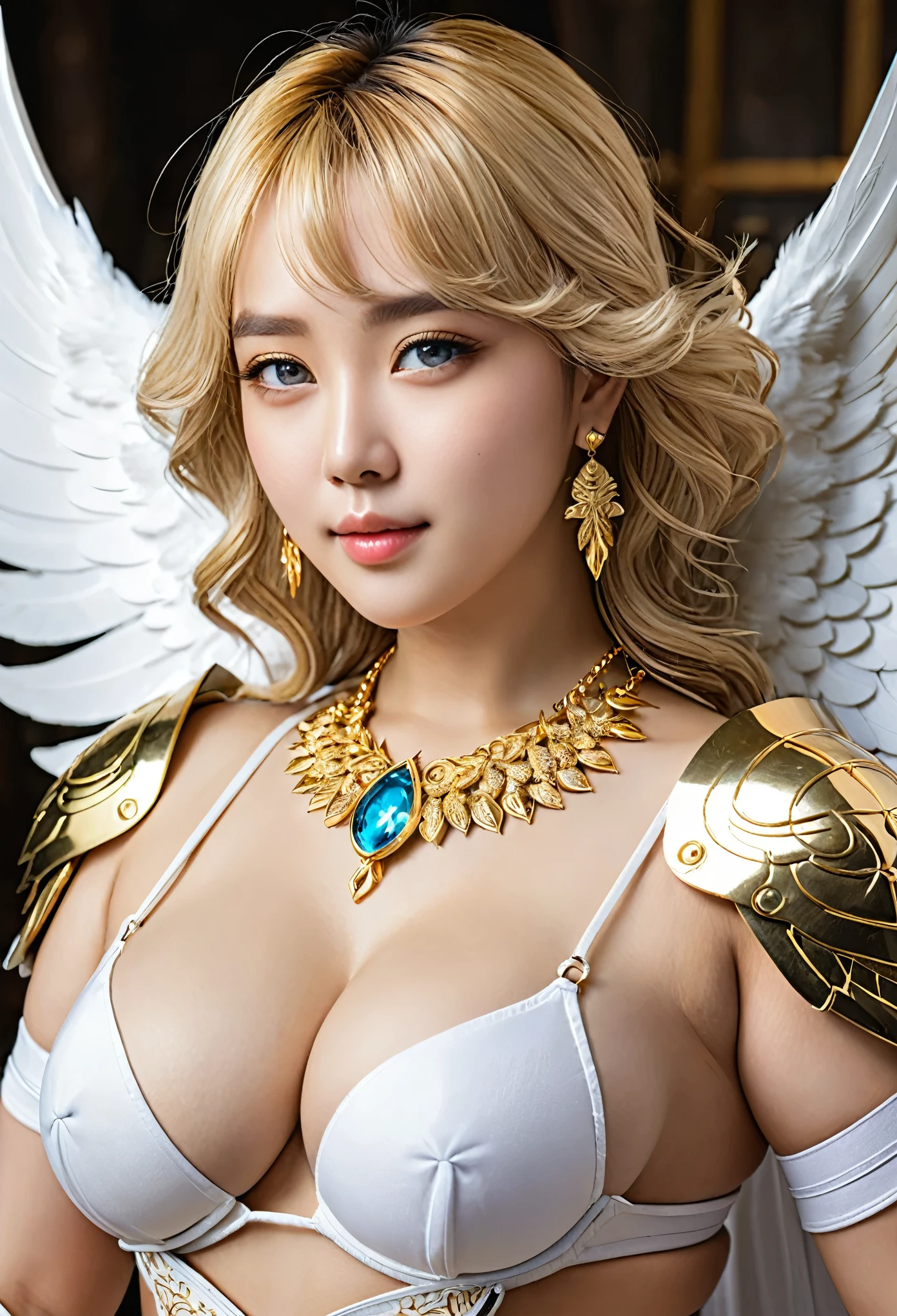 angelicales、The figure of an angel、White large wings、Wear golden Western-style armor、、Wearing golden armor、Wearing a golden suit、Very fat woman、Very fat woman、Round face、Fat face、large boob、thick waist、Big belly、big butts、thick thight、thick arms、Plump body、、​masterpiece, top-quality,photos realistic, Detailed eyes and lips,Detailed iris,Realistically drawn skin,Limbs drawn in proper balance,Correctly drawn hands and fingers,I drew one thumb and four fingers in optimal proportions,number々Award-winning masterpieces of, with incredible detail, textures and maximum detail、hyper realstic、Realistic、Top quality real texture skins、fine perfectly symmetrical eyes、Beautiful face drawn in detail、Circle of angels of divine radiance overhead、Beautiful kind eyes、She has a blissful smile on her face、Beautiful colored eyes full of compassion、Her expression is serene full of tenderness and very beautiful、Large wings with pure white feathers behind the shoulders、Glass earrings on the ears,A beautiful necklace around the neck、Beautiful bracelet on the arm、dramatic photography、Golden hair、 short cut hair, ((Looking down)), Around her neck is a simple necklace of exquisite workmanship、Hyper Detailed,  Intricate details、、Wings of Light Effect、spread your wings wide、a blond、blue eyess、Facing the front、 Wearing a small white micro bikini、Bikini with gold embellishments、Wearing a small piece of armor on his chest、Wearing a small piece of armor in the crotch、、Wearing a small white cloth、  Small white cloth、