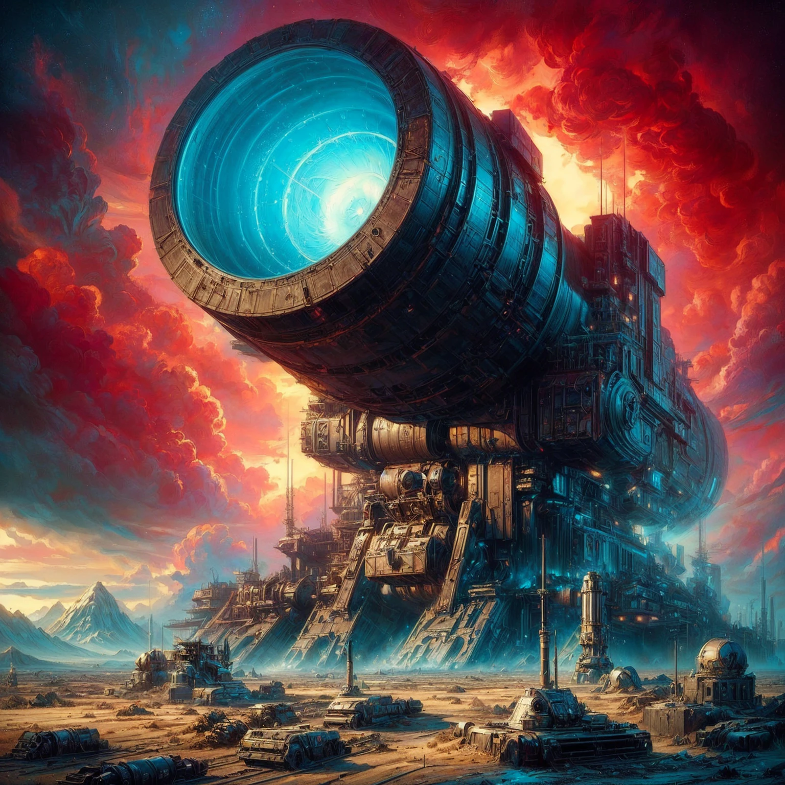 a painting of a giant telescope in a desert with a sky background, greg beeple, beeple masterpiece, artgem and beeple masterpiece, epic fantasy sci fi illustration, beeple artwork, realism | beeple, beeple. hyperrealism, by Mike "Beeple" Winkelmann, beeple art