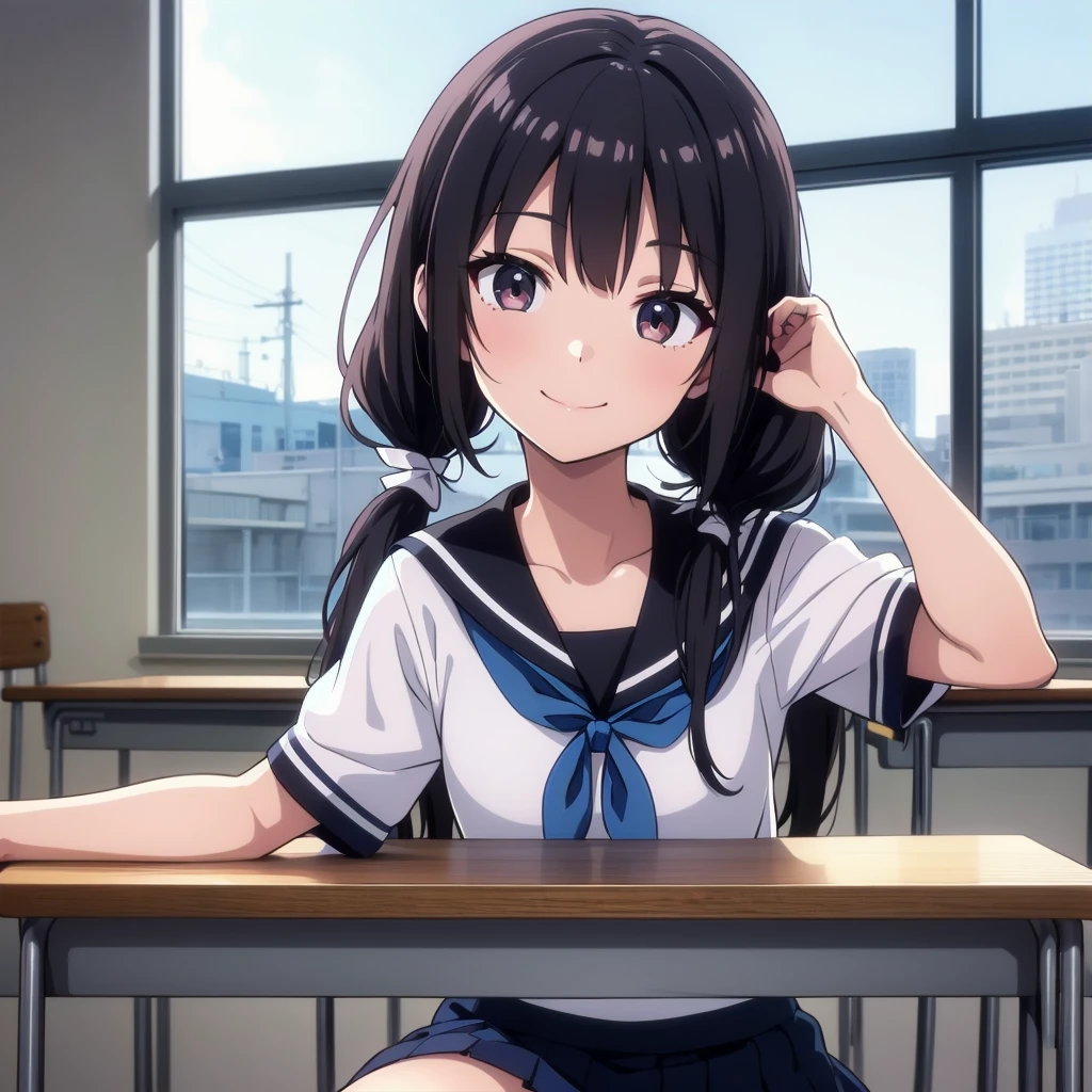 1girl, sitting, 1 arm up in front, head tilt, smile, 15yo,
classroom, indoors, school chair, school desk, (low twintails girl), low pigtails, hair ribbon  white, very long black hair,
white serafuku with blue ribbon, navy-blue collar, navy-blue skirt,
(dark brown eye), afternoon, summer,
school,
(from front:1.4), upper body,
anime, high brightness, detailed face, detailed eyes,
(high quality, ultra detailed, masterpiece, FHD)