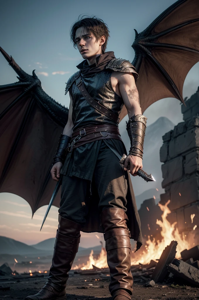 In the Devastated Lands of Valyria, where scars of war run deep,
Draegan strides with courage, fire blazing in his eyes.
With sword ablaze and dragon wings unfurled,
He bears the legacy of skies, son of Elara, power in his veins.