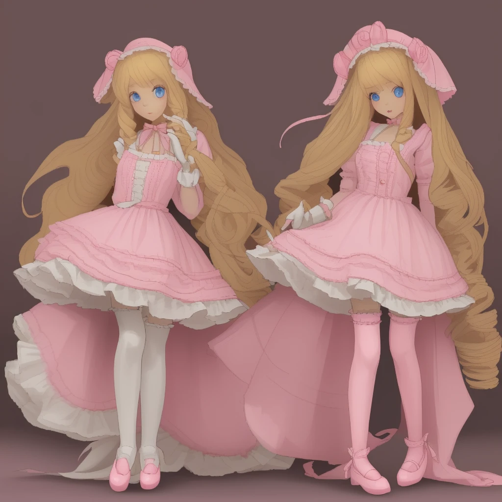 Long Curly blonde hair, Cute, Coquette, Had a pink Victorian bonnet, Blue eyes, Very pretty, Wears a fluffy pink Coquette dress, Wears a long socks, Black mary jane shoes, 