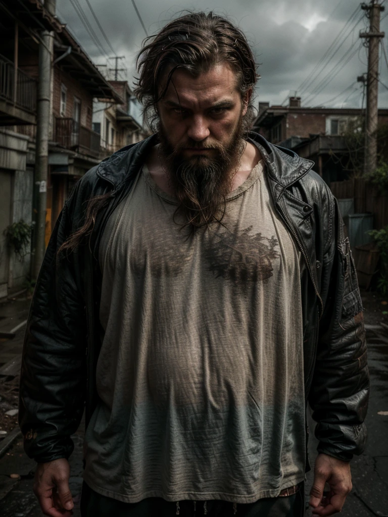 A behemoth of a man, beard wild and unkempt, hair disheveled as if ravaged by the storm, clad in tattered rags, fixes a gaze upon the world with eyes devoid of malice yet ablaze with vengeance, amidst a desolate backdrop of a rain-soaked alley, where only an eerie, flickering glow from a distant streetlamp pierces the darkness. The man's imposing figure stands tall, as if drawing the chill from the air, his tattered clothing seeming to blend with the shadows.