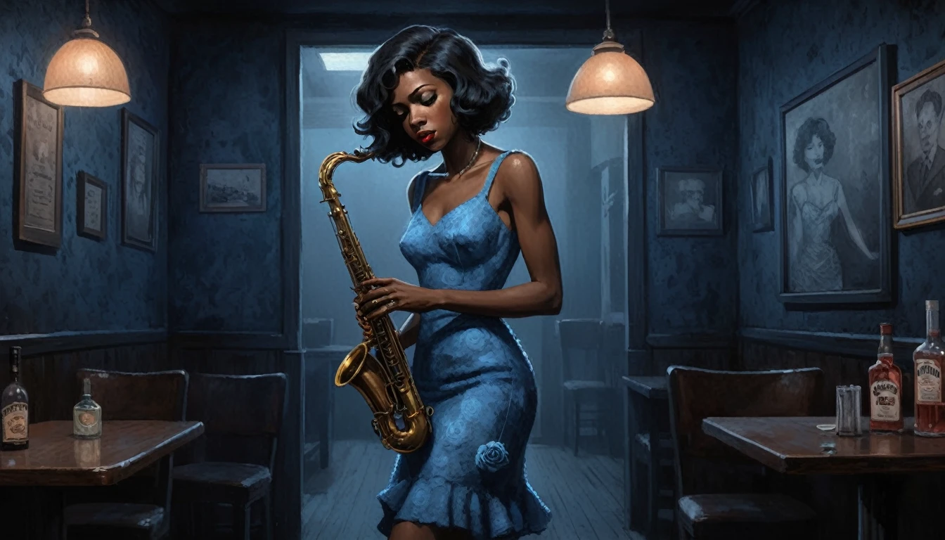 robert johnson, gritty, alabama bar, blue note, charismatic , green dress, illustration, noir fantasy, lone canadian lady, sad ending, holding saxophone