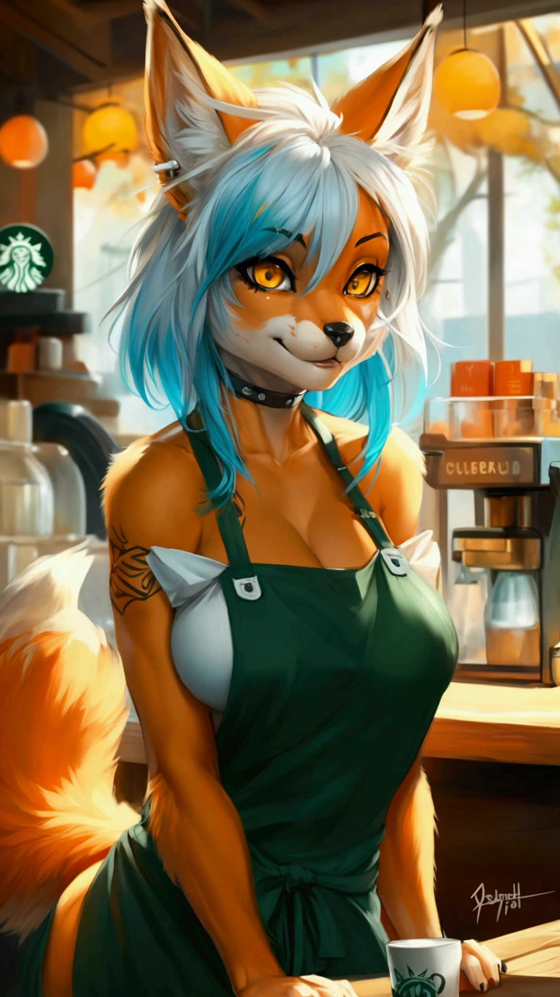 (anthro)) vixen/fox, Ross Tran, by ruan jia, by zaush, by foxovh, by cutesexyrobutts, by cervina_7, by sligarthetiger, Best Quality, masterpiece,, Illustration, Wallpaper,1girl in, Solo, orange fur, white hair, mohawk on one side, ,mohawk haircut, the end tips of hair are aqua blue, dot piercings 3 in 2 row down her snoot, multipule golden ear piercings , golden yellow eyes, glowing eyes, Beautiful detailed girl, extremely detailed eye and face, black dragon tattoo on her arm, tattoos, Beautiful detailed eyes, natural_Lighting, Looking at Viewer, Thick_thighs, big ass, tall, hourglass figure, female, cute, Starbuck, casher, barista, Starbucks apron, large breasts, natural breasts, tail, tall, happy expresion, wide hips thin waist, 8k