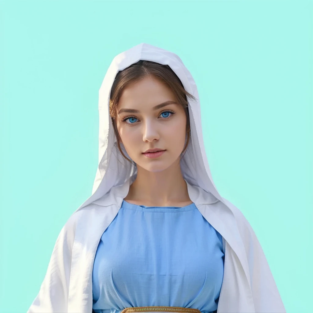Beautiful woman with light blue eyes, Wears a blue tunic with wide, long sleeves adjusted at the waist by a white sash, wears a white cloak
