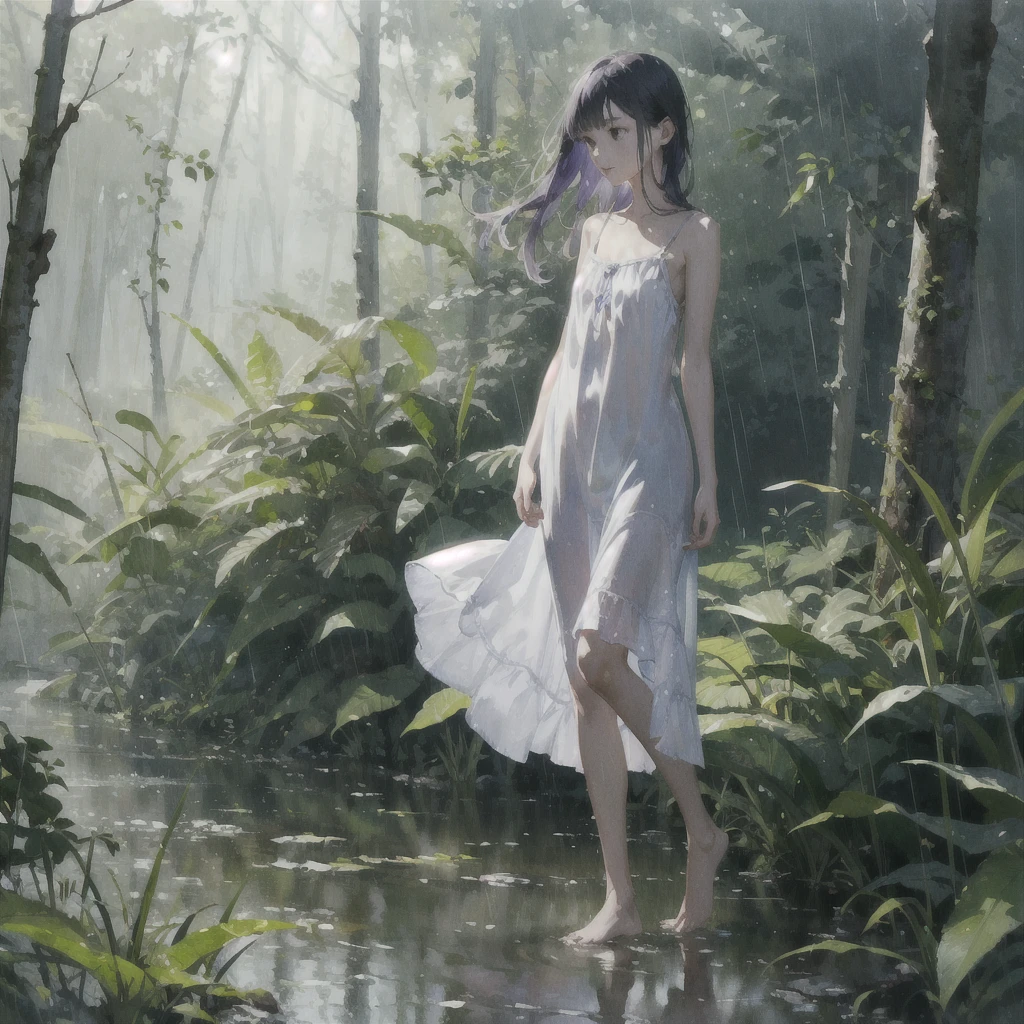 a girl with a very beautiful exquisite face barefoot in the rain in the summer forest, purple thunderstorm, in watercolor style, nudity