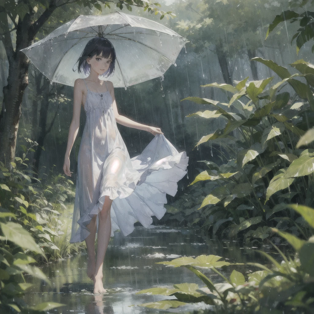 a slender girl with a very beautiful exquisite face barefoot in a light summer sundress in the rain in the summer forest, purple thunderstorm, in watercolor style, nudity