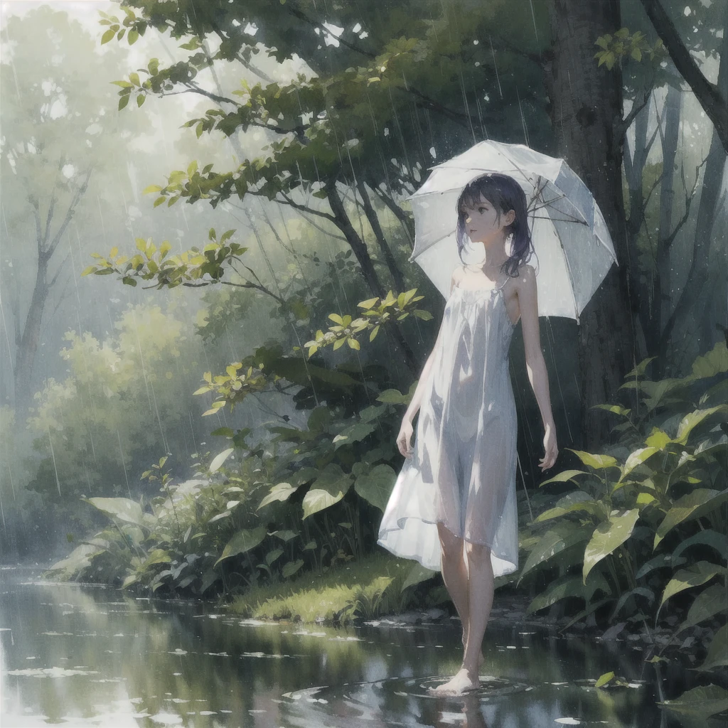 a girl with a very beautiful exquisite face barefoot in the rain in the summer forest, purple thunderstorm, in watercolor style, nudity