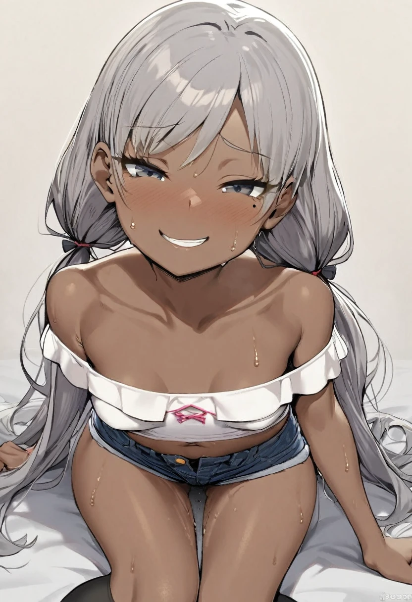 One Girl, Gray Hair, Low twin tails, There is only one mole below the eye, There is only one mole, Small breasts, Cheeky face, looking at the camera, ass pov, Brown Skin, White off-shoulder, Belly button, Sweating, Face is close, Denim shorts, Black knee-high socks, slender, Brat, 