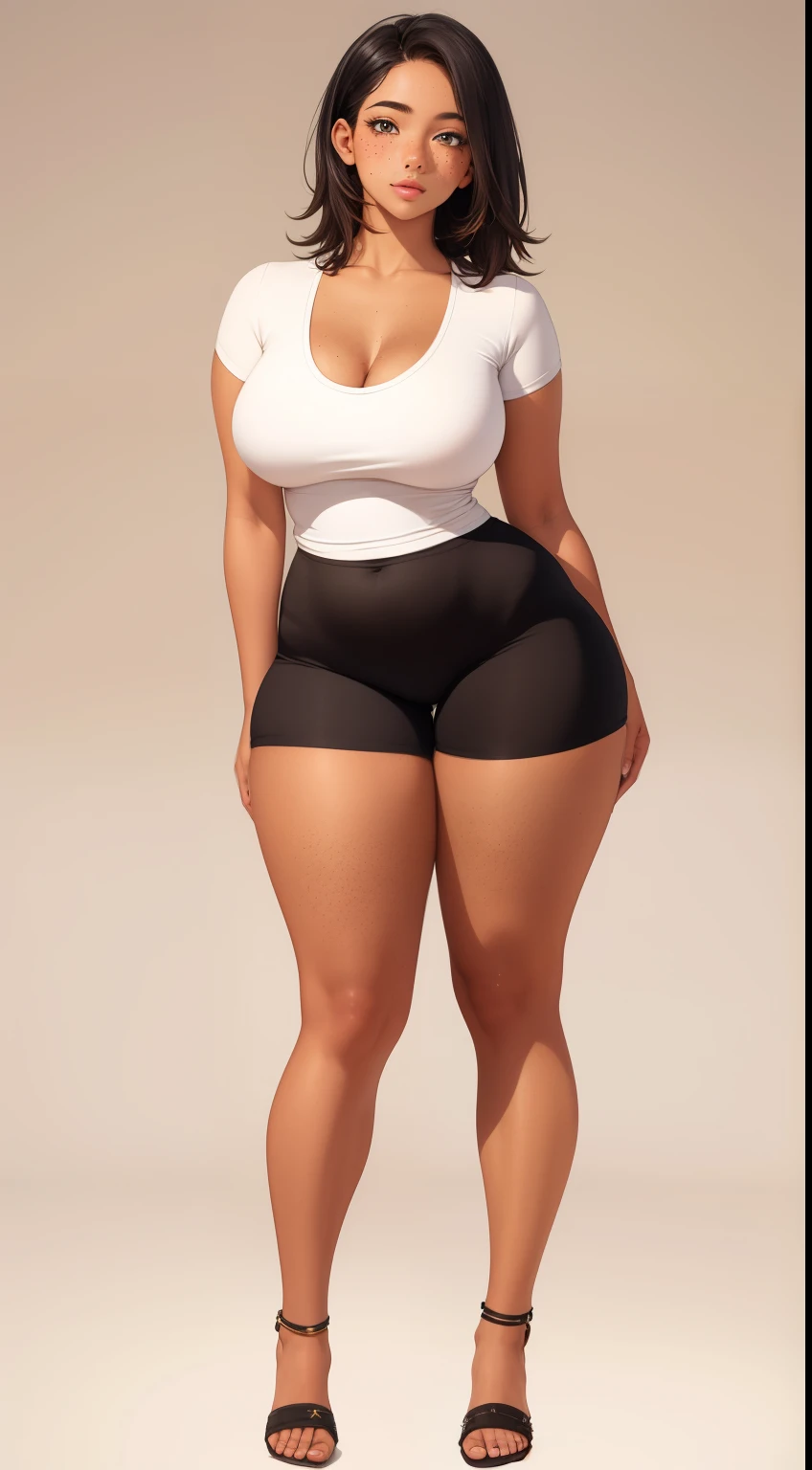 1girl,tomboy,black hair, tan brown skin ,big breasts,shorts,(masterpiece,mature,detailed, high quality), yoga pants, elegant, beautiful, freckles, realistic, heterochromia, beautiful eyes, ((full body)) space background, ((curvy thighs))