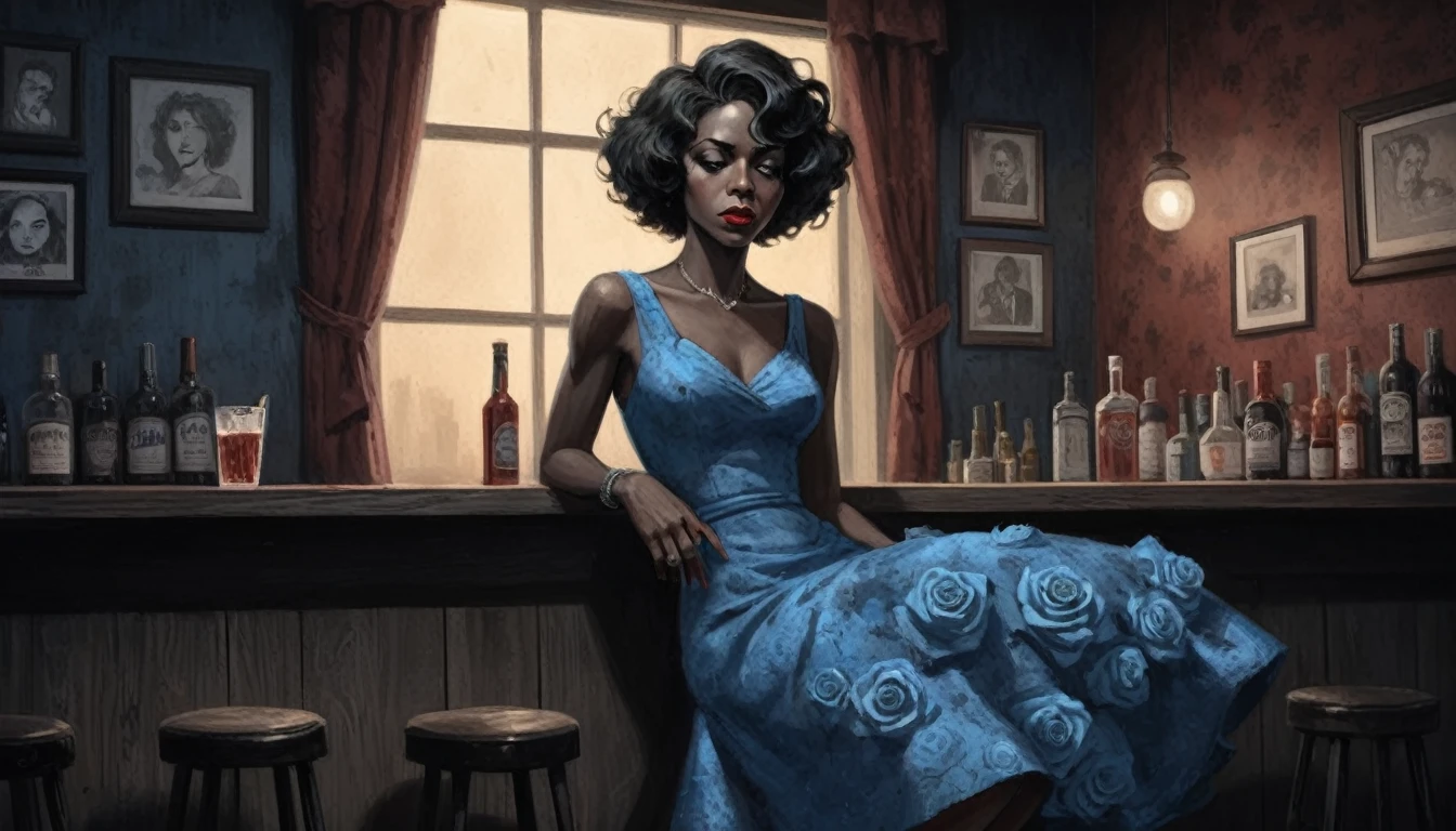 robert johnson, gritty, alabama bar, blue note, charismatic , pink dress, illustration, noir fantasy, lone lady, sad ending, saxophonist