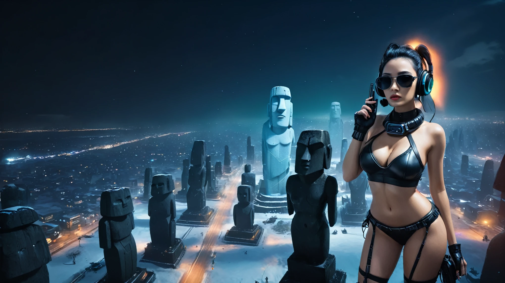 At night, dark sky, distant shot aerial view of fantasy cyberpunk style ice ((Moai-statue)) city, ((flying car)). ((1girl, solo, alone)), medium-breast:1.1 slim body, cleavage, sexy clothes, (headphone, black sunglasses, long black realistic hair), (((hip-up standing and holding pistol))), half-body thigh level medium shot, cinematic lighting.