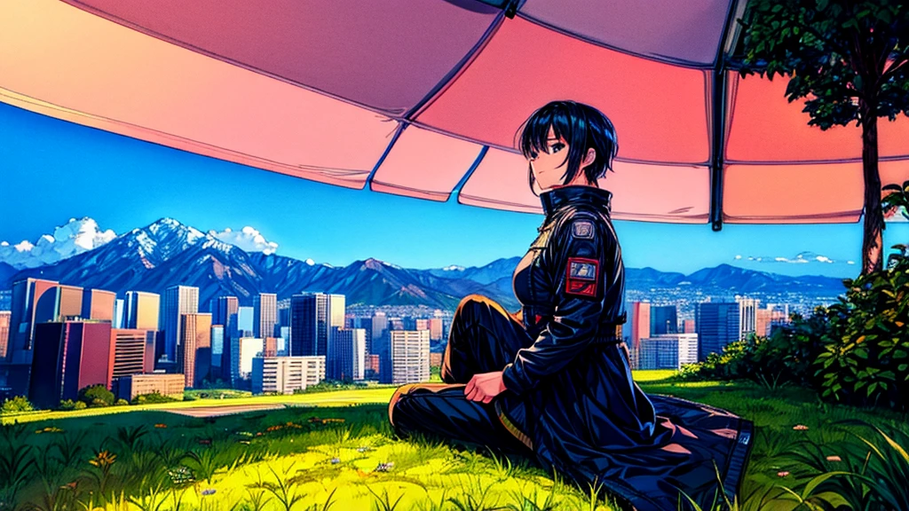 Guts sitting, resting under a tree in a high-altitude field, looking at the view of the cyberpunk city