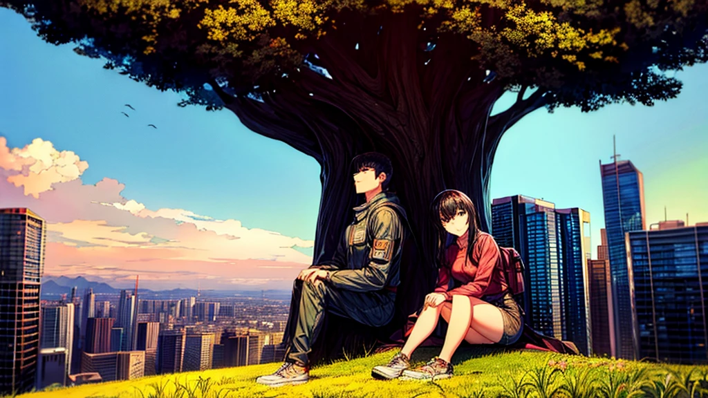Guts sitting, resting under a tree in a high-altitude field, looking at the view of the cyberpunk city