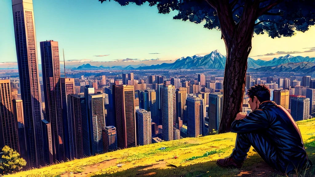 Guts sitting, resting under a tree in a high-altitude field, looking at the view of the cyberpunk city