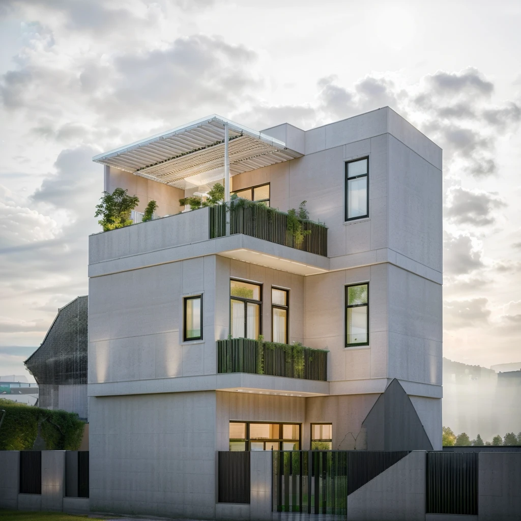 Housev1, modern architecture,wall white, tall trees, plants, grass, landscape, city background, glass house with a sloping roof, glass, modern, futuristic, wood, dynamic (RAW photo, real, best quality, masterpiece:1.2), (hyper realistic, photo-realistic:1.2), high quality, natural light, perfect lighting, archdaily