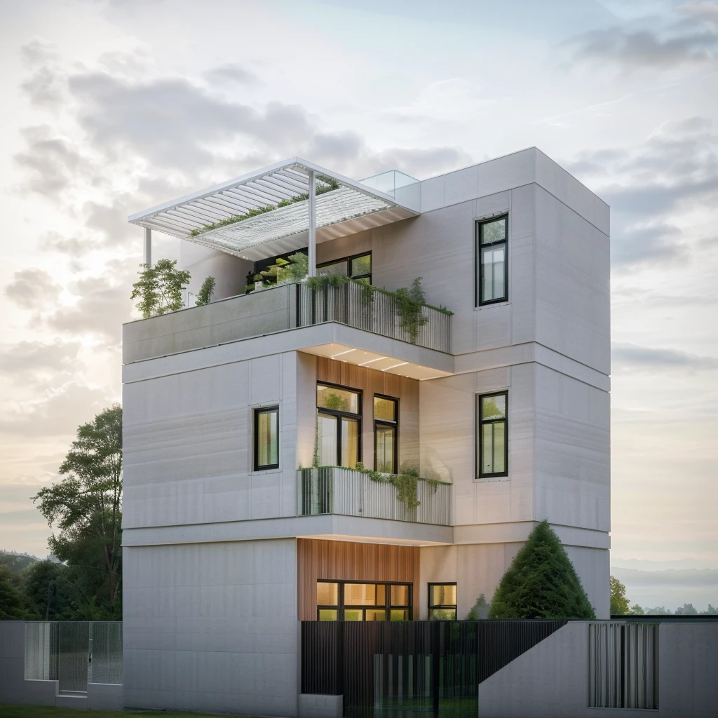Housev1, modern architecture,wall white, tall trees, plants, grass, landscape, city background, glass house with a sloping roof, glass, modern, futuristic, wood, dynamic (RAW photo, real, best quality, masterpiece:1.2), (hyper realistic, photo-realistic:1.2), high quality, natural light, perfect lighting, archdaily