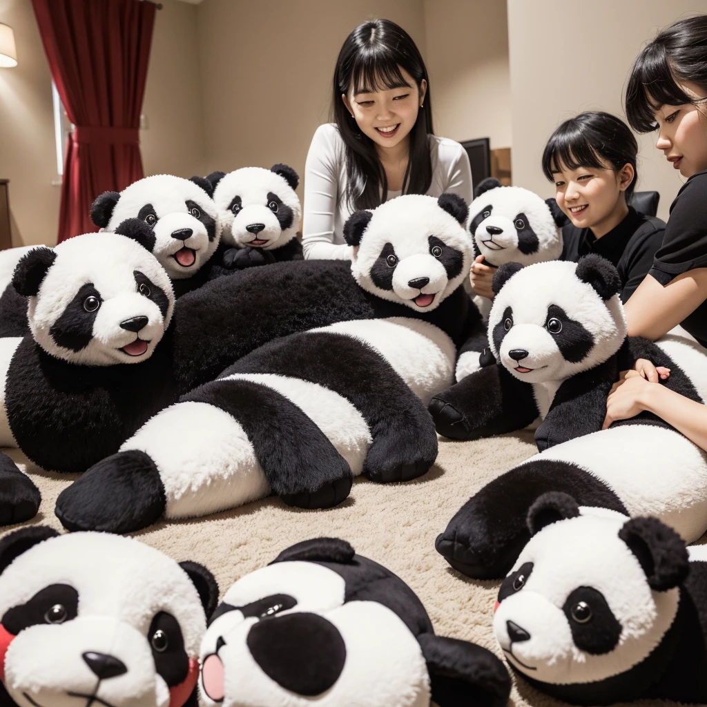 ((best qualityer)), ((fot)) a group of stuffed animals playing and a stuffed panda as the leader