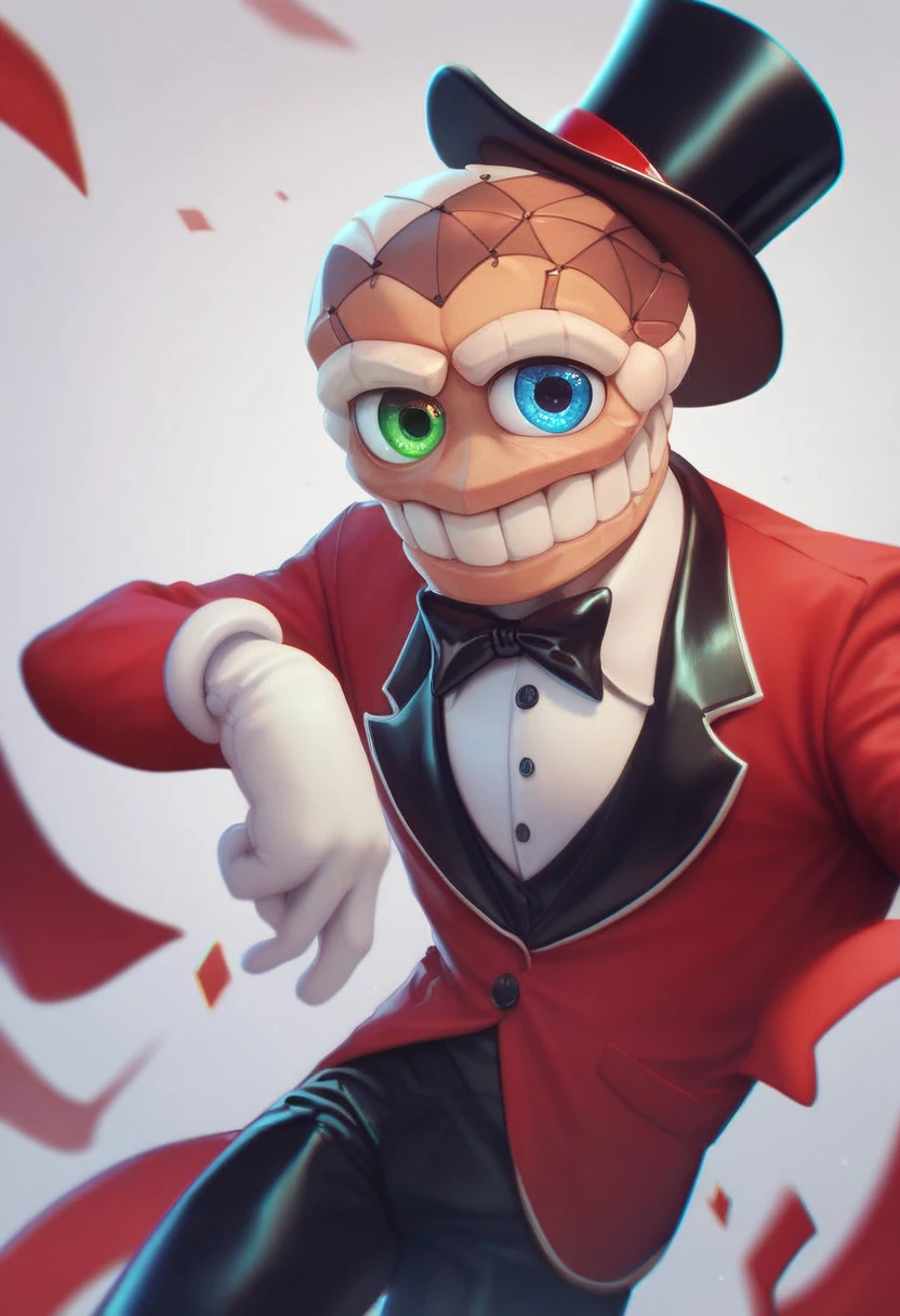 caine, solo, gloves, 1boy, hat, bow, male focus, white gloves, bowtie, top hat, teeth for head, blue eyes, green eyes, heterochromia, gloating eyes, floating head, red suit, black pants, source