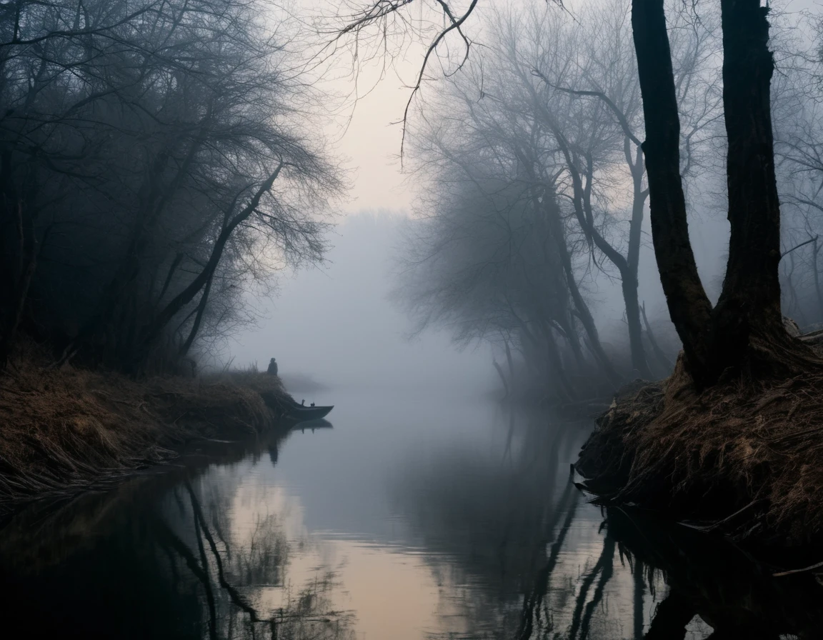 (((super realistic, lots of details, masterpiece))), In the image, created in a neural network, (((Charon, old withered boatman with a long beard, standing in his boat, which seems ancient and worn. His eyes express wisdom and sadness, and your hands confidently hold the oars))). A man with an exposed hummock is sitting in a boat, Shrouded in mystery. The environment depicts the dark and mysterious world of the kingdom of the dead. River, on which the boat floats, flows slowly and silently, as if driven by fate itself. A foggy morning creates an atmosphere of mystery and sadness. The shore is visible in the distance, covered with gloomy trees and rocks, symbolizing the gates of the kingdom of the dead. The river water reflects the pale luminary, giving the picture a certain supernatural tone. Silence and tranquility reign in this world, filled with secrets and riddles.