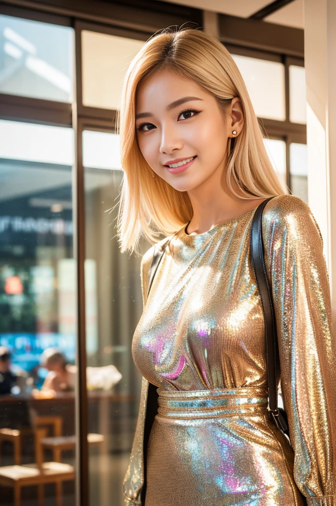 (masterpiece:1.4), (best quality:1.4), ultra high res, ultra high resolution, ((detailed facial features)), HDR, (realistic, photorealistic, photo-realistic:1.37), closeup, beautiful Thai woman, (happy smile), (small breasts), (slim girl), beautiful makeup, platinum blonde hair, fair skin, elegant posture, wearing large sparkling colorful jewelry, wearing a business style leather dress, standing in a large shopping mall, gentle sunlight shining through the shopping mall windows, casting a soft glow on her face, adding warmth to the scene, vibrant colors, capturing the essence of vibrant city life, portrait style, showcasing her natural beauty and grace in a feminine way