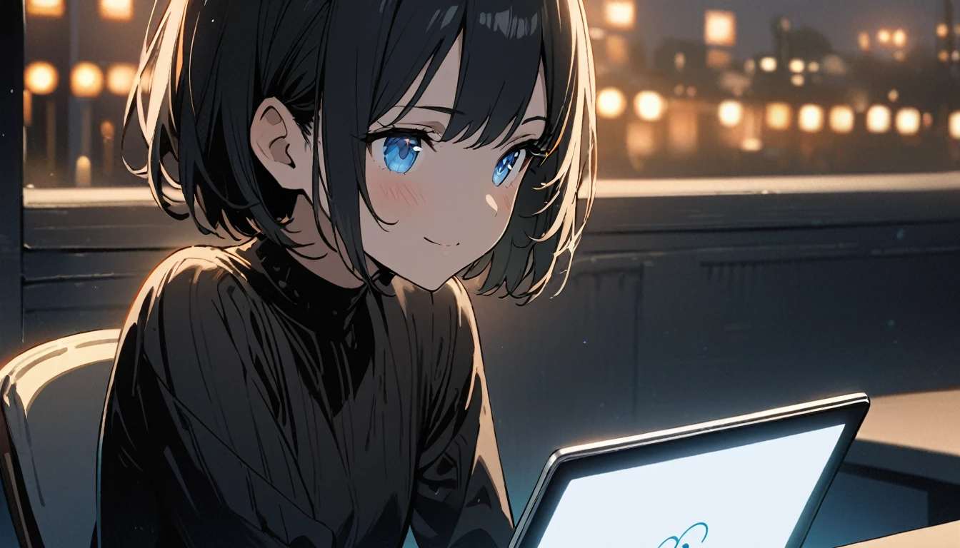 1girl, solo, blue eyes, (detailed eyes), flat chest, short hair, black hair, upper body, gentle smile on her face, , sitting up straight, black dress long sleeve ((masterpiece, illustration, best quality)) Fashionable open café、Woman using laptop on terrace seat、stitting, 20yr old、A smile、frontage、The upper part of the body、black hair、short-hair、The upper part of the body、closeup, night time