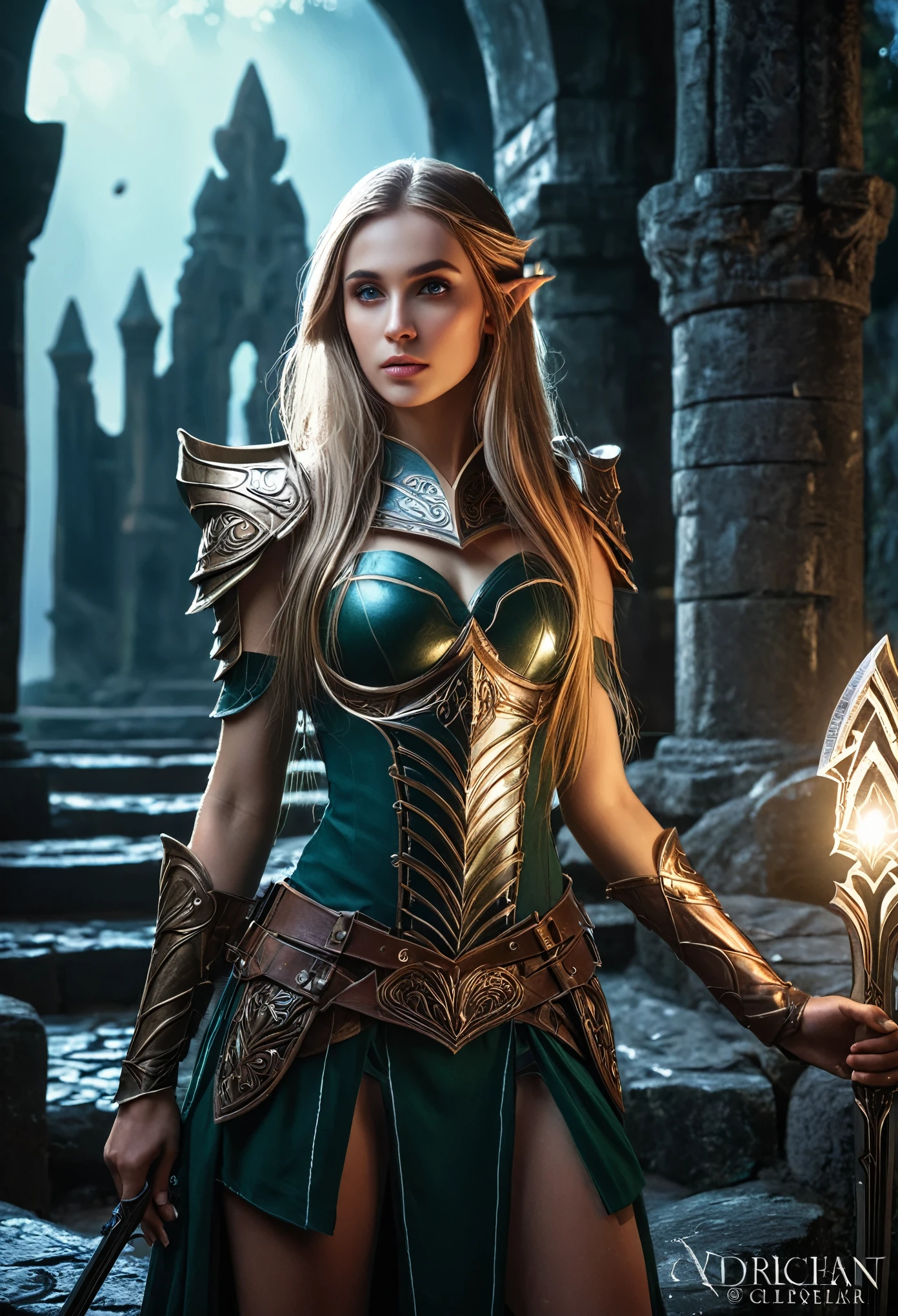 A beautiful elf adventurer exploring the dark labyrinth alone, elegant elf girl, detailed face and eyes, long flowing hair, detailed ornate fantasy armor, detailed weapons, dramatic lighting, dark moody atmosphere, cinematic composition, dramatic shadows, volumetric lighting, intricate details, fantasy landscape, ancient ruins, glowing crystals, best quality, 8k, ultra-detailed, photorealistic, cinematic, dramatic lighting, dark fantasy, muted color palette, Charlie Bowater style,