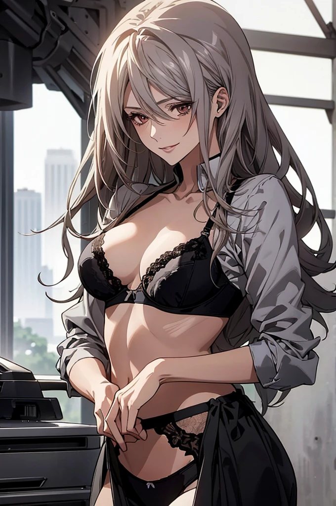 (Highest quality, High resolution, Very detailed), 1 female, Silver Hair, Long Hair, Reddish brown eyes, lace thong bra, Large Breasts, secretary, 24th generation, Beautiful woman, mature, quiet, Calm, A small smile, office,