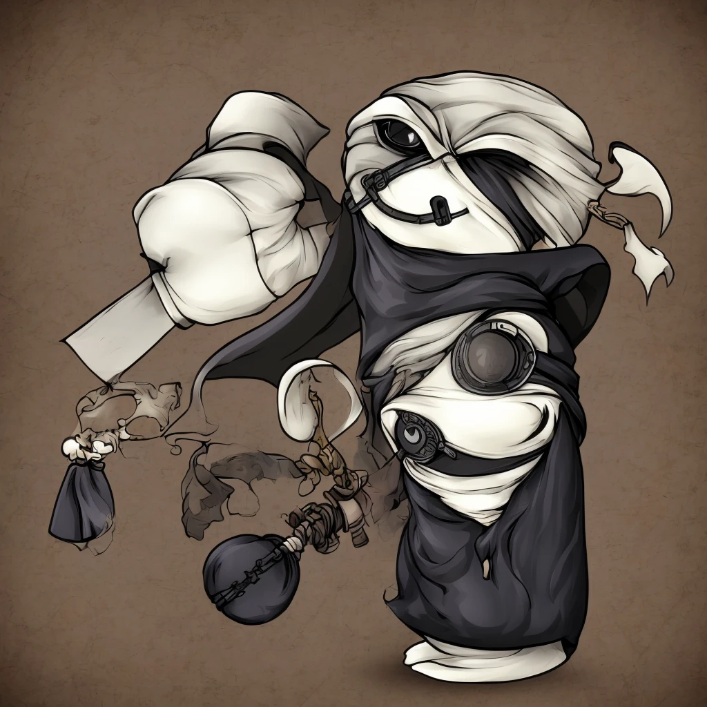 Chibi, plague doctor, happy face, mask on face, small sized, cute, looking like cartoon, alone, dark , scary