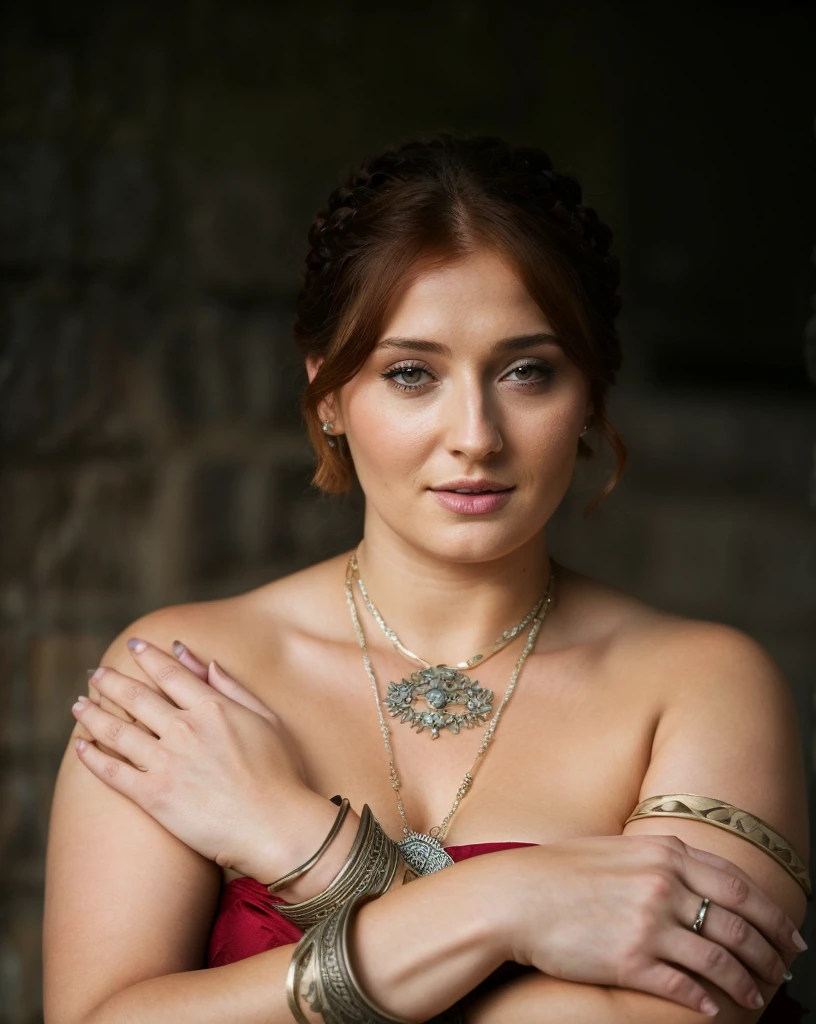Foto RAW, Sansa Stark, Extremely gorgeous lady, Sansa Stark PLAYED BY Sophie Turner, Full figured woman, heavy physique, voluptuous, curvy, Full figured lady, thick fleshy figure, bulky figure, beautifully styled hair, Queen Sansa Stark, she a mature woman now, milf, sexy mediaeval battle dress, gladiator woman, body, 45 years old Woman, body revealing costumes, perky breast, alluring figure, big natural breast, mediaeval costumes, mediaeval queen dress, erotic costumes, lusty physique, seductive figure can capture every people's attention, Game of thrones costumes, revealing captivating figure, Mediaeval costumes, revealing clothes, A tomboy, she would rather fence than dance, warrior queen , game of thrones screen caps, Game of Thrones Series, (pele altamente detalhada: 1.2), 8k UHD, DSLR, soft-lighting, alta qualidade, grain of film, Fujifilm XT3