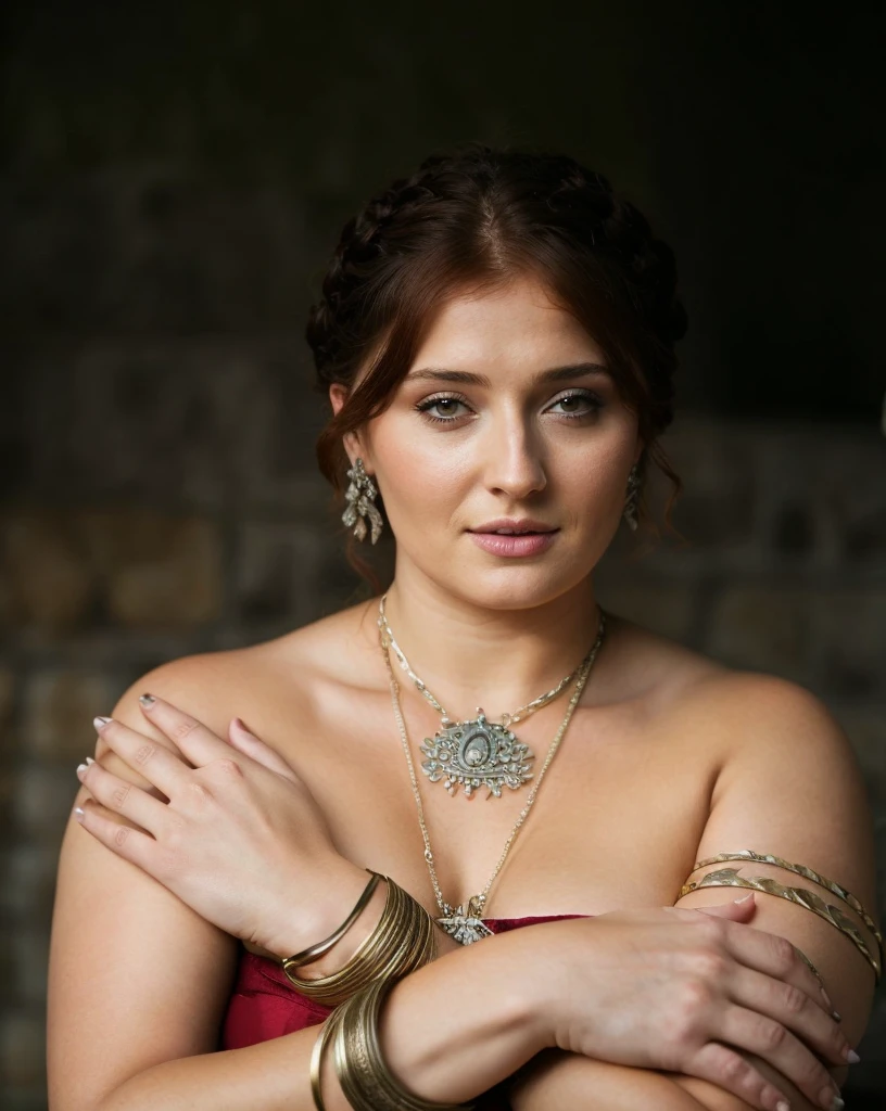 Foto RAW, Sansa Stark, Extremely gorgeous lady, Sansa Stark PLAYED BY Sophie Turner, Full figured woman, heavy physique, voluptuous, curvy, Full figured lady, thick fleshy figure, bulky figure, beautifully styled hair, Queen Sansa Stark, she a mature woman now, milf, sexy mediaeval battle dress, gladiator woman, body, 45 years old Woman, body revealing costumes, perky breast, alluring figure, big natural breast, mediaeval costumes, mediaeval queen dress, erotic costumes, lusty physique, seductive figure can capture every people's attention, Game of thrones costumes, revealing captivating figure, Mediaeval costumes, revealing clothes, A tomboy, she would rather fence than dance, warrior queen , game of thrones screen caps, Game of Thrones Series, (pele altamente detalhada: 1.2), 8k UHD, DSLR, soft-lighting, alta qualidade, grain of film, Fujifilm XT3