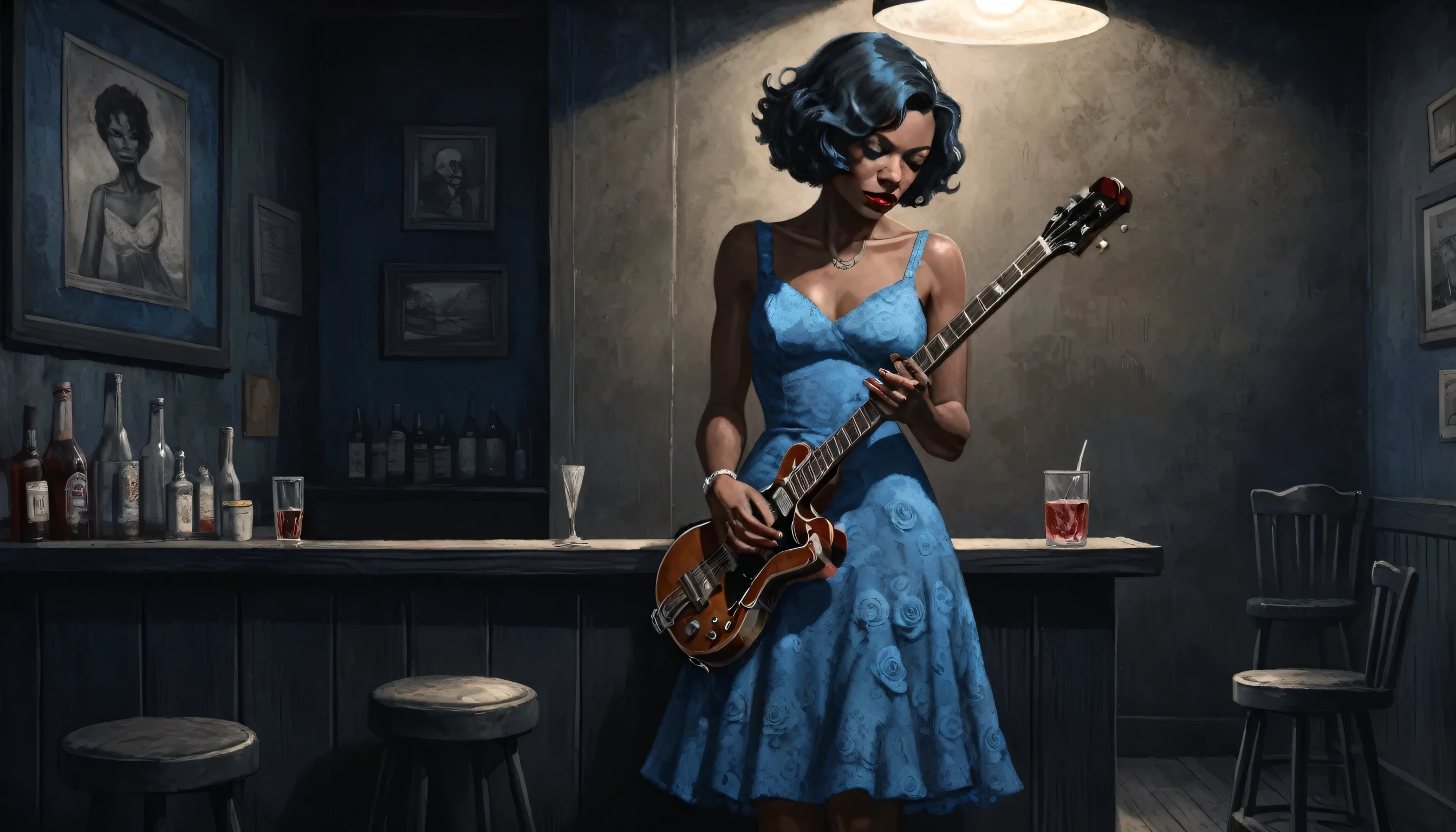 robert johnson, gritty, alabama bar, blue note, charismatic , rose texture dress, illustration, noir fantasy, lone canadian lady, sad ending, saxophonist