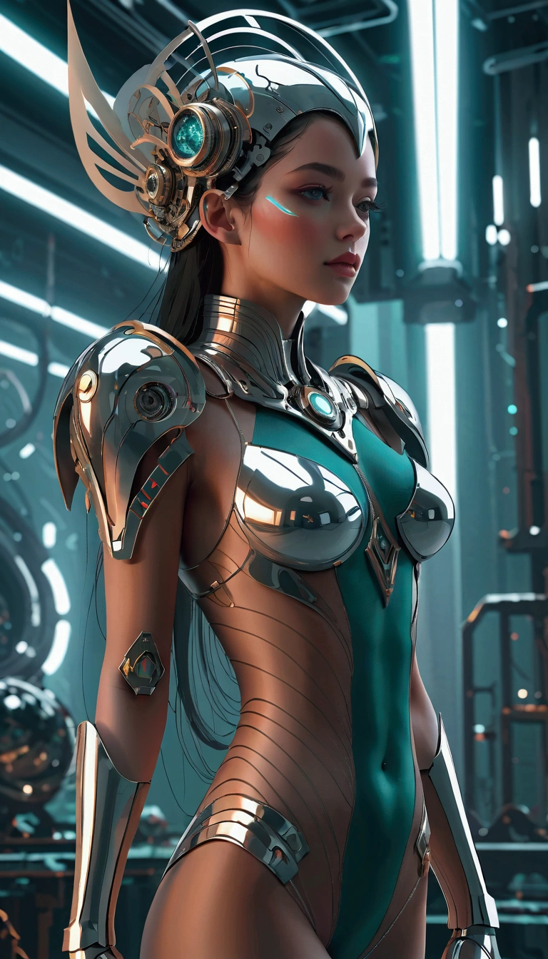 Woman in futuristic suit standing in room full of metal objects，Mesh headdress, Mechanical Elf, Luxury, Shoulders visible