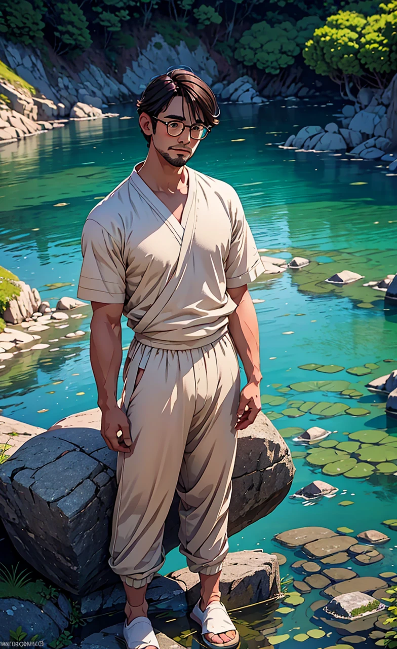 Create a high-quality anime-style image featuring an man standing on a rocky cliff by the sea. The man has white hair, a beard, and is wearing round glasses. He is dressed in a white shirt, beige pants rolled up at the ankles, and white sneakers. His posture is relaxed, with his hands in his pockets, gazing thoughtfully into the distance.
The background consists of a clear blue sky filled with fluffy, white clouds. Below the cliff, there is a calm sea with boats and a small coastal village nestled at the foot of green, mountainous terrain. The scene captures a peaceful, reflective moment, with vibrant colors and detailed shading to emphasize the tranquil and contemplative atmosphere.