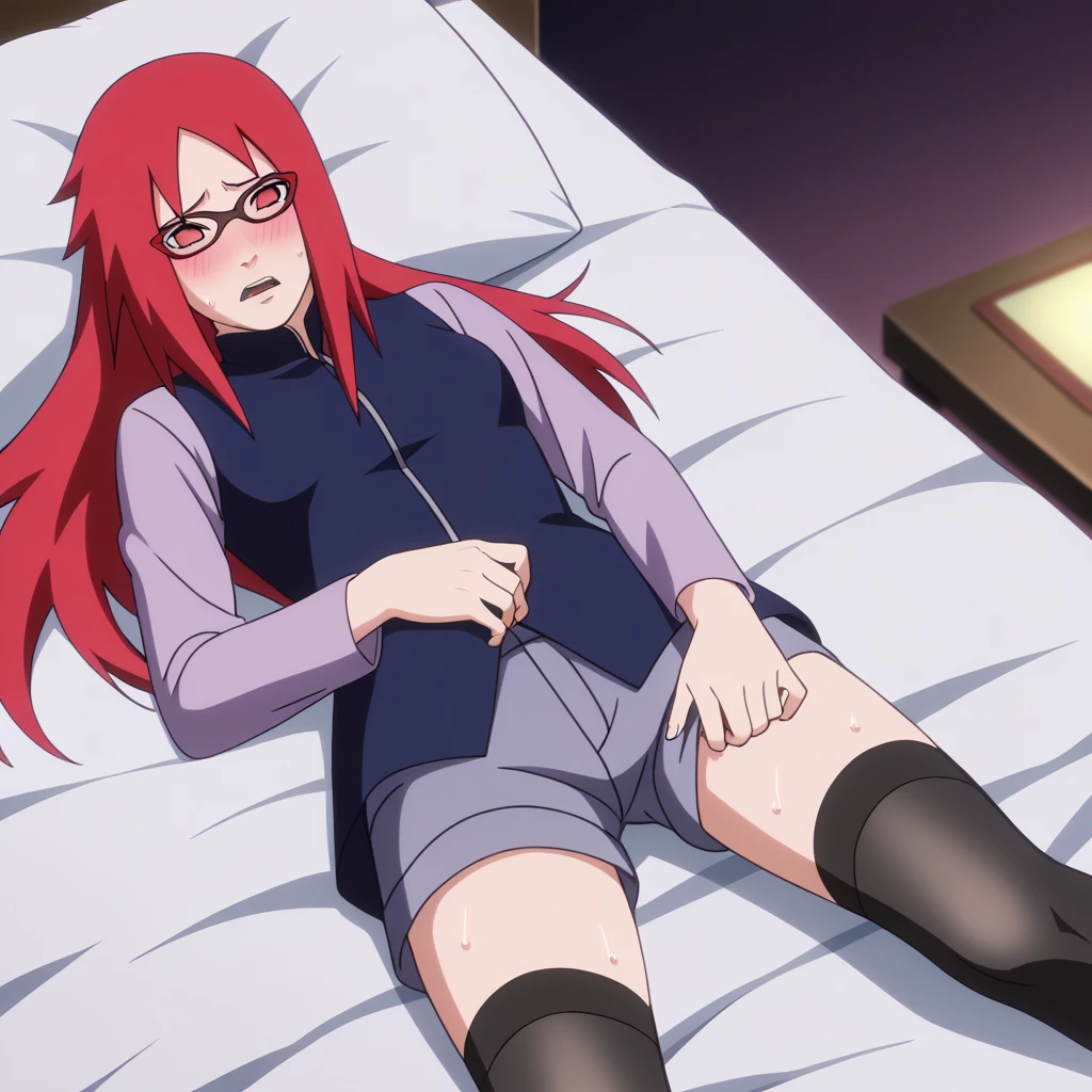 Red hair, 1 Girl, Glasses, Long hair, Red Eyes, Solitary, Black vest，shorts， Black over-the-knee stockings, Umbilical cord, Looking at the audience，No students, Japanese cartoons screencap, Japanese cartoons coloring,src_Japanese cartoons,Naruto \(series\), Naruto shippuuden,（（blush，nervous，Vision，））masterpiece， absurd ， （Intricate details）， （Colorful）， light， Extremely detailed CG unity 8k wallpaper ，1 Girl， solo，（shy，In the hotel，Lying on the bed，night，blush，nervous，Sweating，蕾丝dress， ），sweat，blush，blush1.5，Blush，Medium chest，（（dress，Black stockings，luxurious hotel，night，）），（dress，Uncomfortable expression，Mouth open，spit），（（bookshelf，Kneel down，））