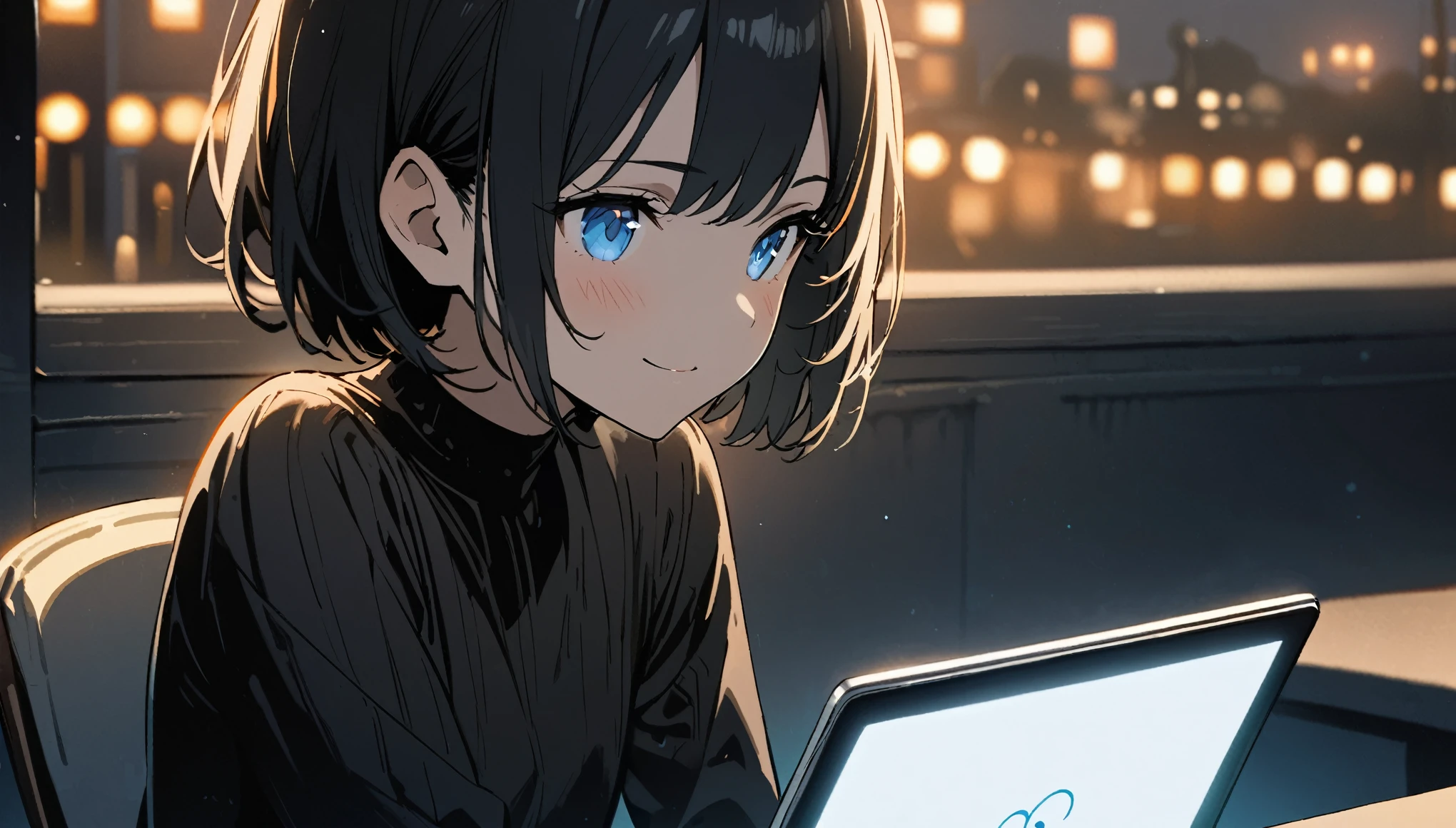 1girl, solo, blue eyes, (detailed eyes), flat chest, short hair, black hair, upper body, gentle smile on her face, , sitting up straight, black dress long sleeve ((masterpiece, illustration, best quality)) Fashionable open café、Woman using laptop on terrace seat、stitting, 20yr old、A smile、frontage、The upper part of the body、black hair、short-hair、The upper part of the body、closeup, night time