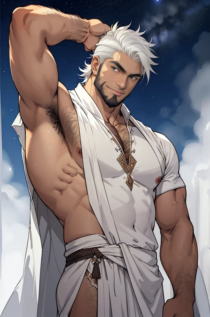 arrogant, male, mage, translucent robes, stars, fit, olive skin, smug, medium hair, short beard, dark skin, white hair and eyebrows, tongue out, on arm up, hairy, ((white body hair))