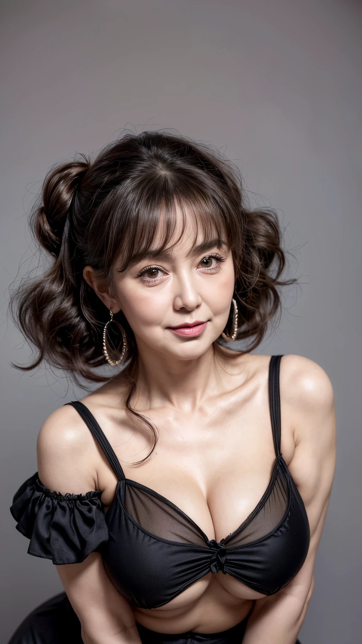 Beautiful elderly woman, cute,sexy,55 years old, sexy, heavy make up, rosy cheeks, old woman,Big saggy Breasts, skimpy halter black clothing, Side boob, Curly Hair bunches like a school girl, loop earrings, hair bunches, cute hair, rosey cheeks, arms straight up, plain grey background