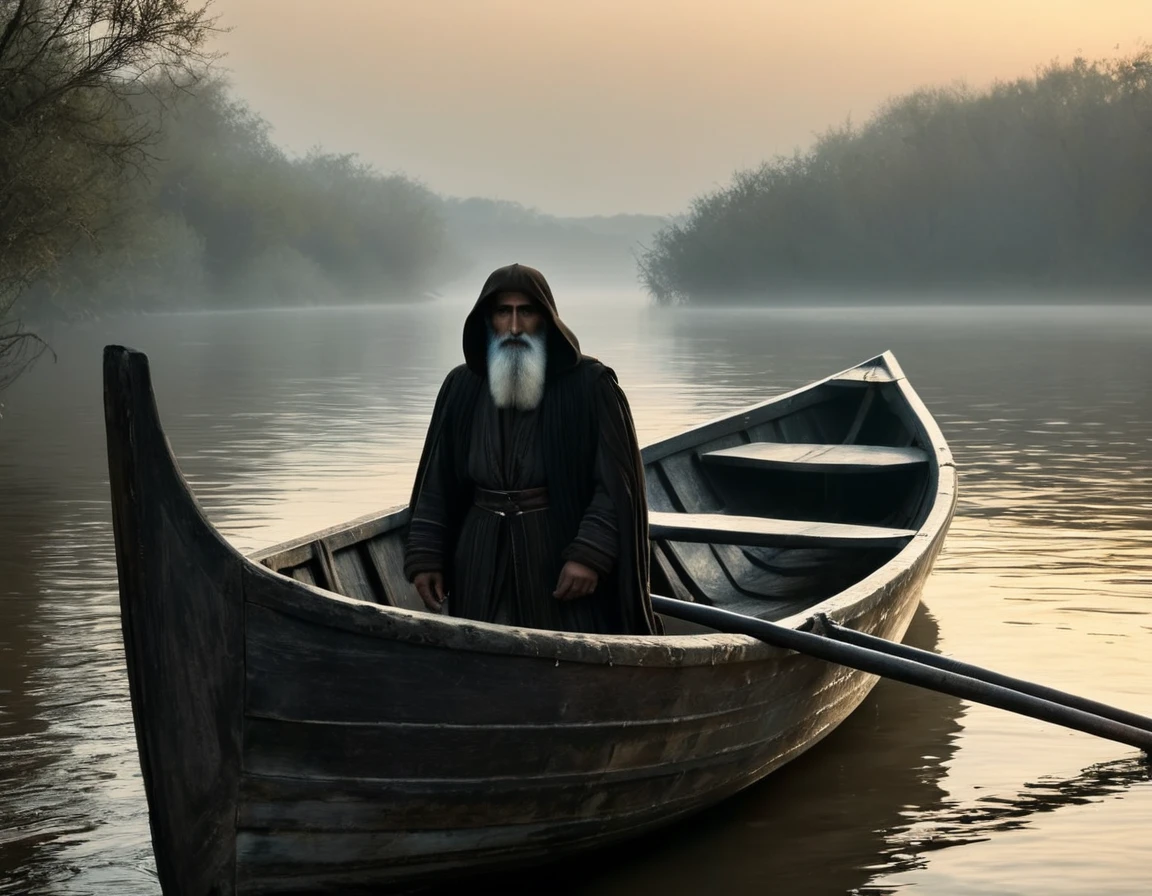 (((super realistic, lots of details, masterpiece))), In the image, created in a neural network, (((Charon, old withered boatman with a long beard, standing in his boat, which seems ancient and worn. His eyes express wisdom and sadness, and your hands confidently hold the oars))). A man with an exposed hummock is sitting in a boat, Shrouded in mystery. The environment depicts the dark and mysterious world of the kingdom of the dead. River, on which the boat floats, flows slowly and silently, as if driven by fate itself. A foggy morning creates an atmosphere of mystery and sadness. The shore is visible in the distance, covered with gloomy trees and rocks, symbolizing the gates of the kingdom of the dead. The river water reflects the pale luminary, giving the picture a certain supernatural tone. Silence and tranquility reign in this world, filled with secrets and riddles.