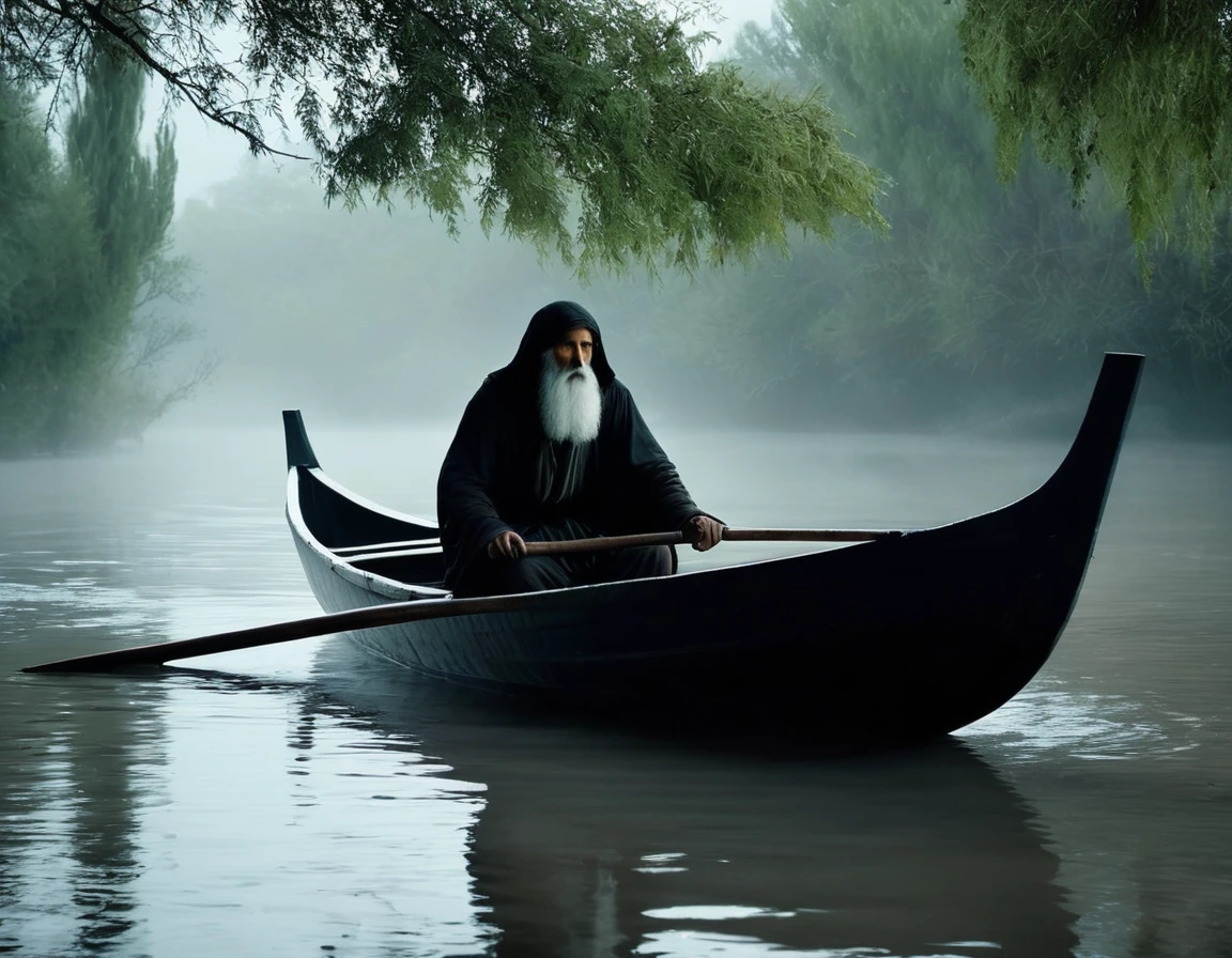 (((super realistic, lots of details, masterpiece))), In the image, created in a neural network, (((Charon, old withered boatman with a long beard, standing in his boat, which seems ancient and worn. His eyes express wisdom and sadness, and your hands confidently hold the oars))). A man with an exposed hummock is sitting in a boat, Shrouded in mystery. The environment depicts the dark and mysterious world of the kingdom of the dead. River, on which the boat floats, flows slowly and silently, as if driven by fate itself. A foggy morning creates an atmosphere of mystery and sadness. The shore is visible in the distance, covered with gloomy trees and rocks, symbolizing the gates of the kingdom of the dead. The river water reflects the pale luminary, giving the picture a certain supernatural tone. Silence and tranquility reign in this world, filled with secrets and riddles.
