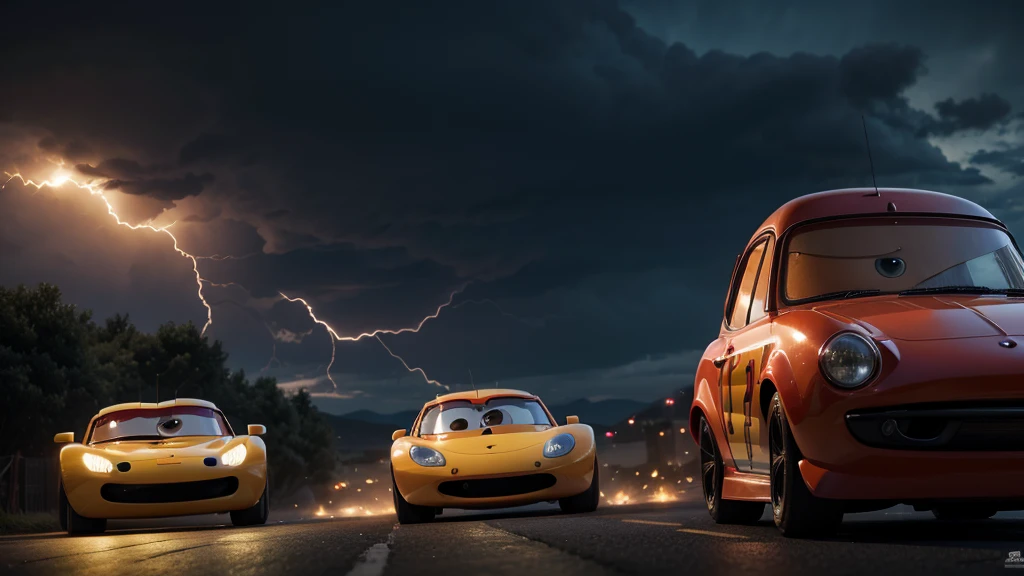 Lightning McQueen fight against  Charlie Brown Jr. photorealistic, 8k, HDR