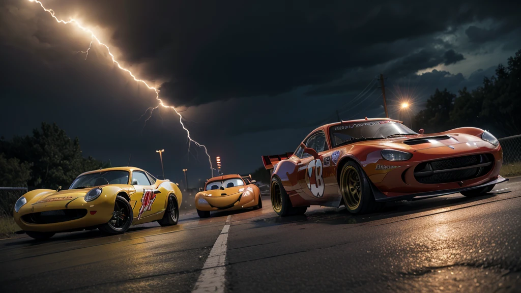 Lightning McQueen fight against  Charlie Brown Jr. photorealistic, 8k, HDR