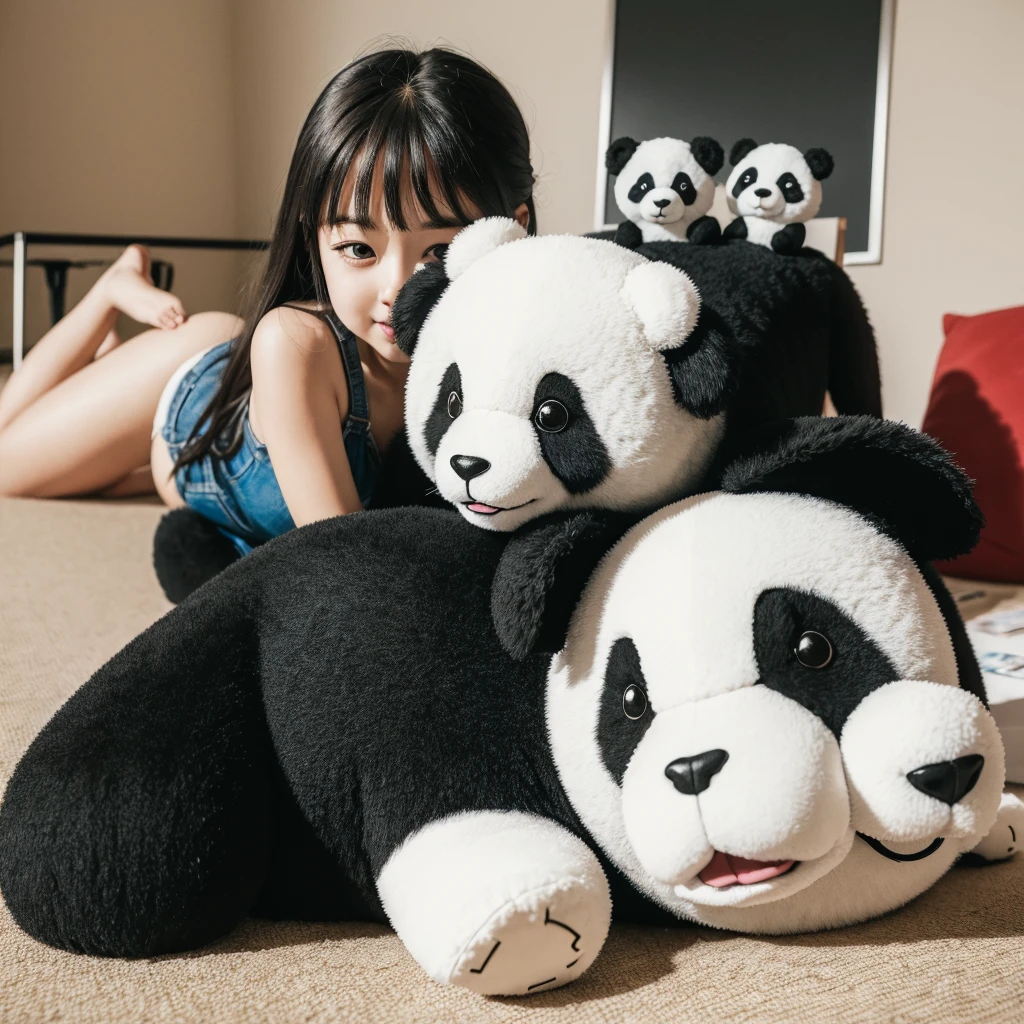 teenager with big breasts, playing in his bed with a stuffed panda bear, 2 images in different poses