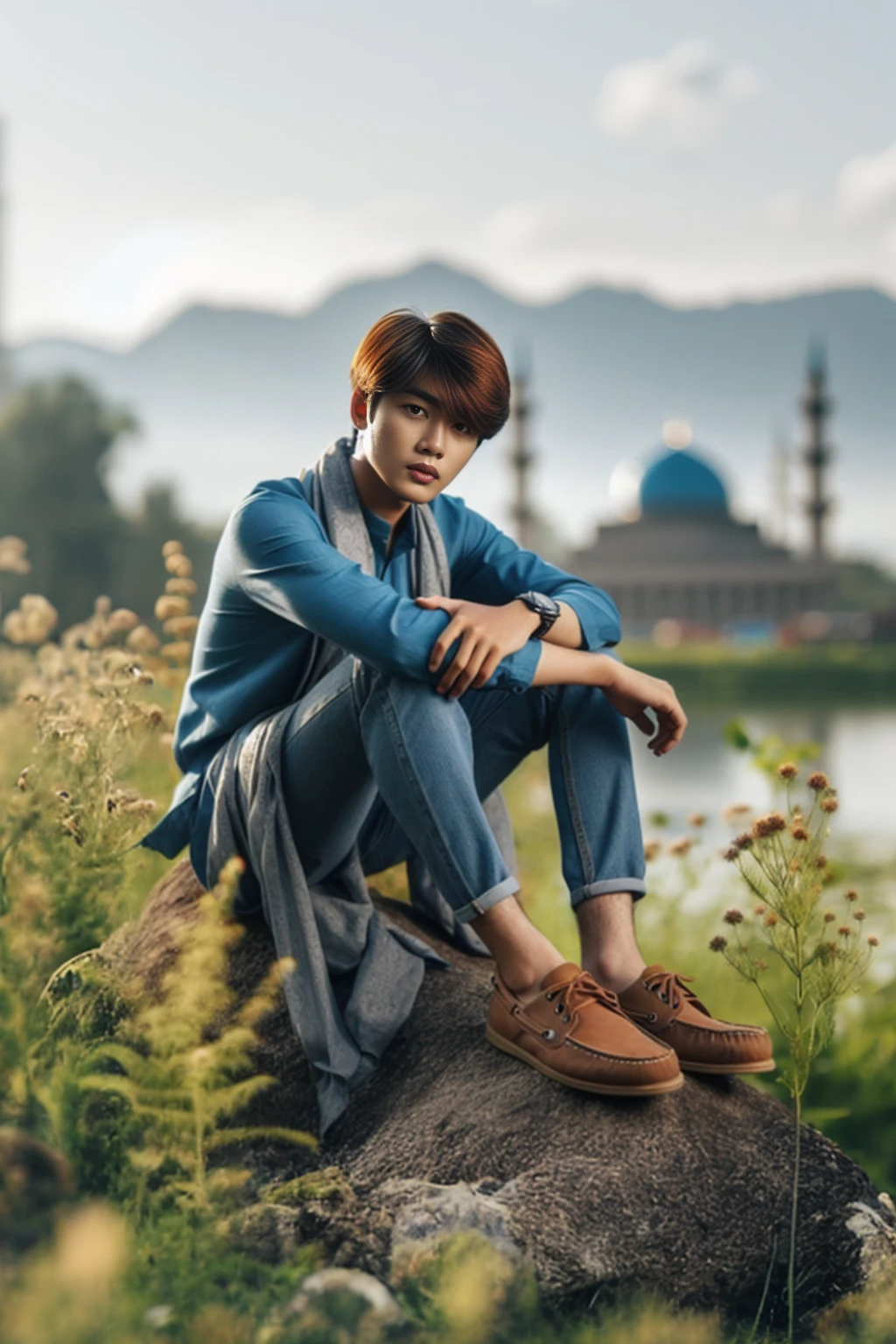 arafed asian man sitting on a rock in a field, casual photography, high quality portrait, casual pose, male ulzzang, mid shot portrait, modeling photography, sitting on a rock, photoshoot, cinematic outfit photo, portrait shot, character photography, beautiful androgynous prince, south korean male, realistic photography, sitting on the ground