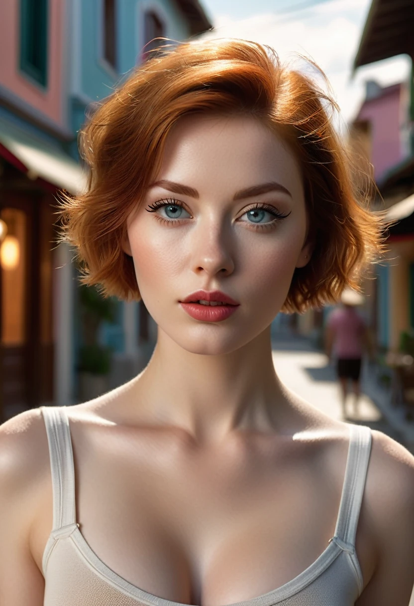 A young woman poses on a quiet street in a resort town. The girl has extremely detailed eyes, beautiful lips, long eyelashes and perfect anatomy. Her fragile body and hands are worked out to the smallest detail, with realistic, photorealistic and the highest quality rendering. The lighting is Rembrandt-esque, creating a dramatic, masterpiece scene. She has a European appearance, with a cute oval face, short red hair and huge breasts. The woman poses in a retro style, looking like a high quality work of photographer David Dubnitsky. Her pale skin shows pores and moles, and she is wearing a tight T-shirt and short shorts. She removes the short shorts and exposes her bare pussy. The scene was shot on a DSLR camera in 8K UHD resolution, with soft lighting and film grain.